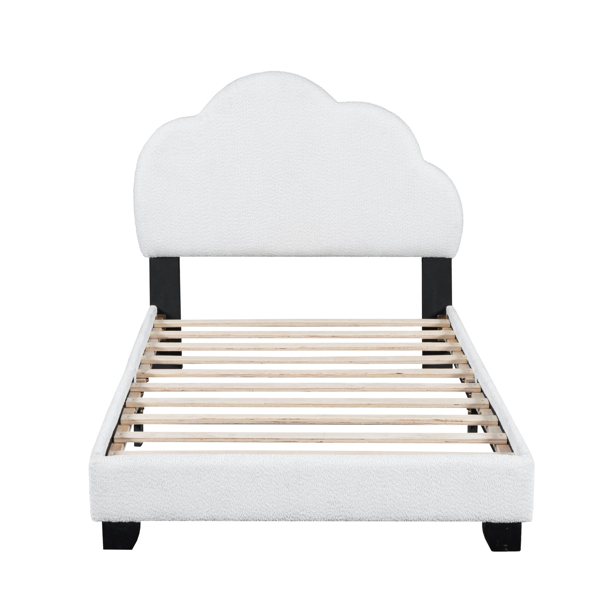 Twin Size Upholstered Boucle Fabric Platform Bed With Cloud Shaped Headboard White Upholstered