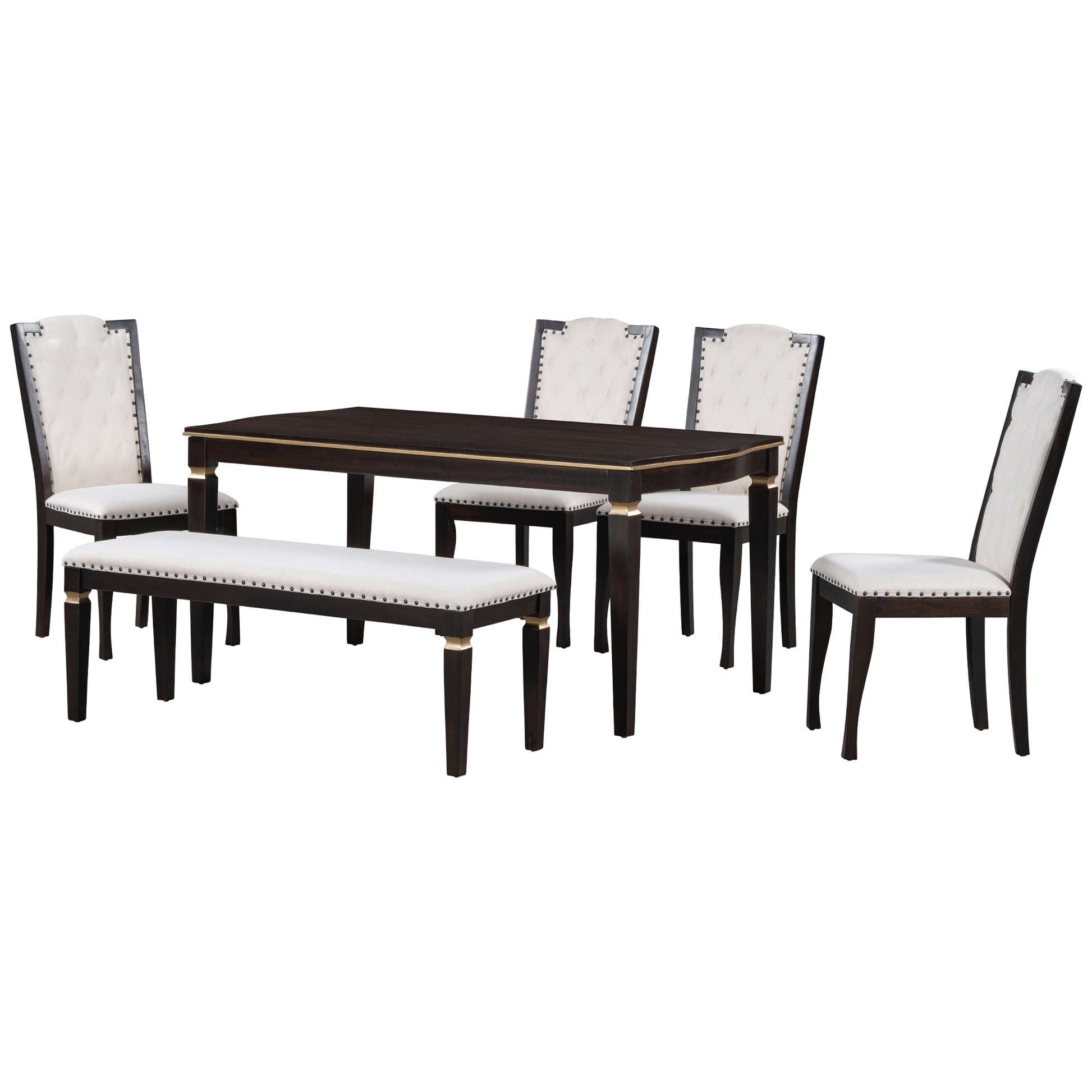 6 Piece Kitchen Dining Table Set, 62.7" Rectangular Table And 4 High Back Tufted Chairs & 1 Bench For Dining Room And Kitchen Espresso Espresso Modern Solid Wood Mdf