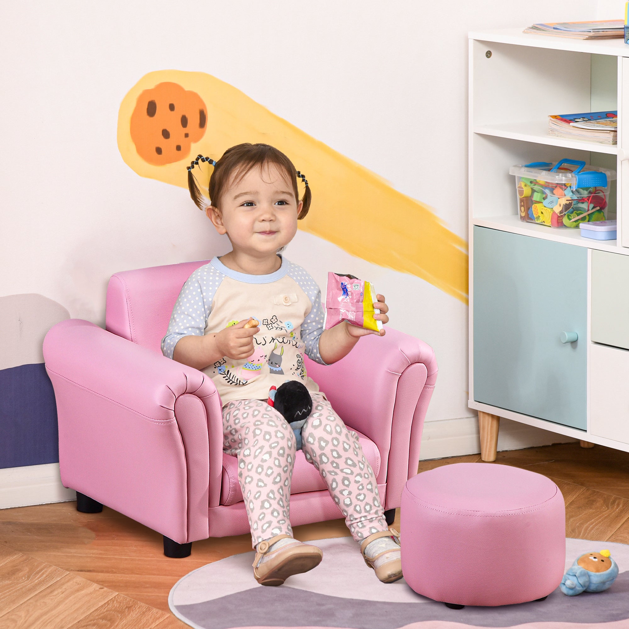 Kids Sofa Set with Footstool, Upholstered Armchair for pink-wood