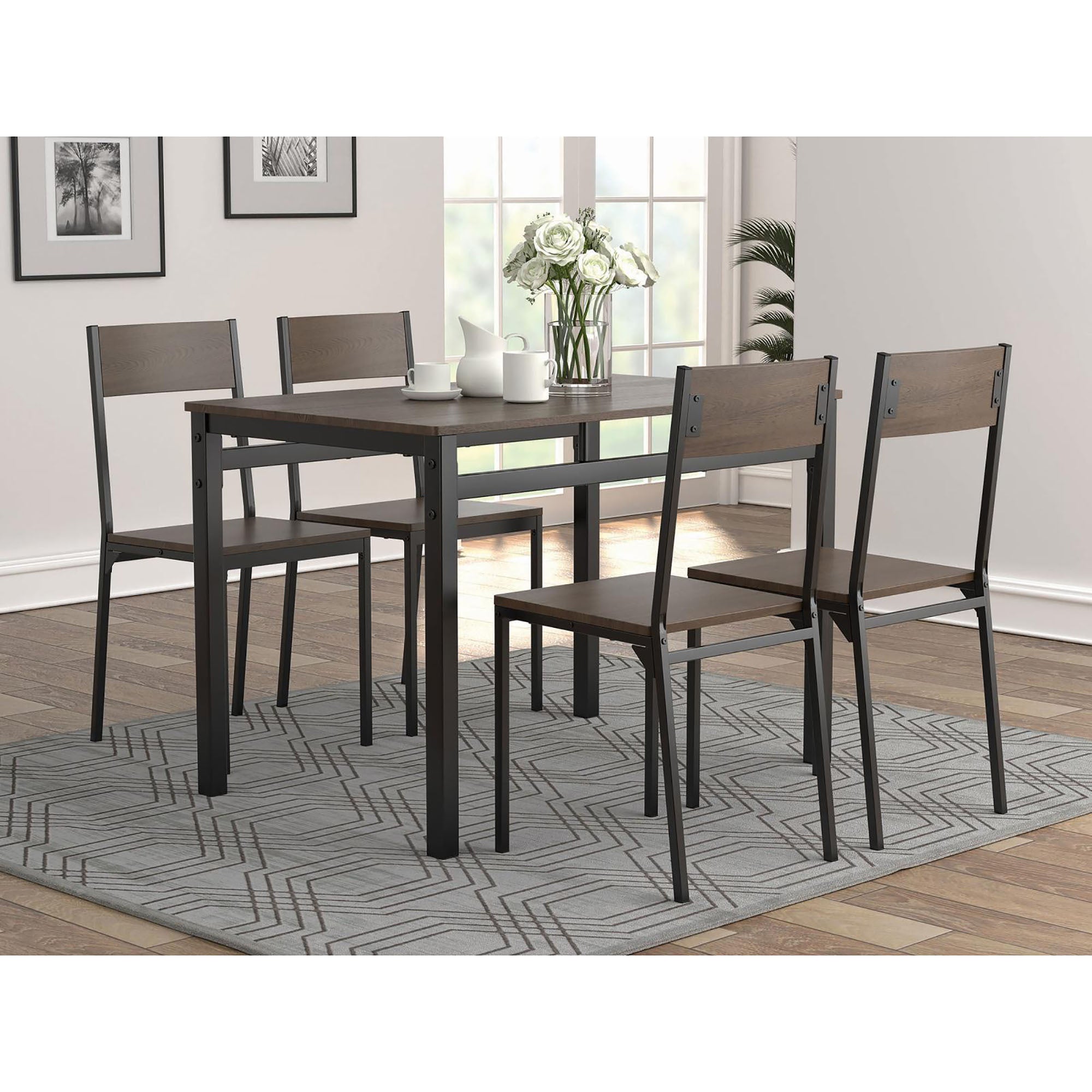 Dark Brown And Matte Black 5 Piece Dining Set Black Dining Room Transitional Rectangular Kitchen & Dining Tables Metal