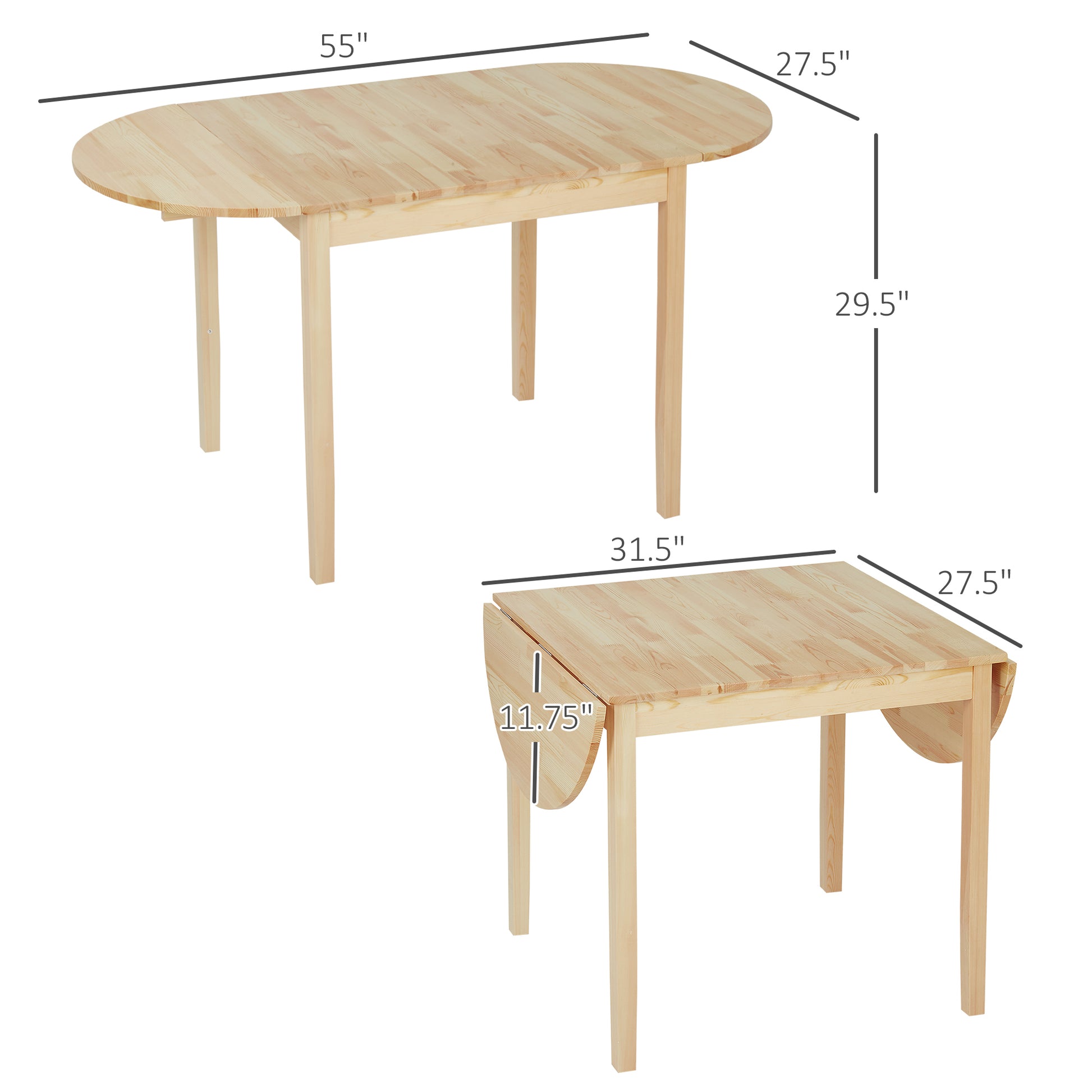 55" Solid Wood Kitchen Table, Drop Leaf Tables For Small Spaces, Folding Dining Table, Natural Natural Pine