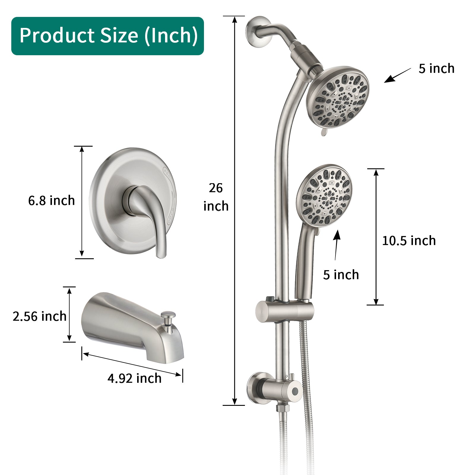 Drill Free Stainless Steel Slide Bar Combo Rain Showerhead 7 Setting Hand, Dual Shower Head Spa System With Tup Spout Rough In Valve Included Brushed Nickel Abs