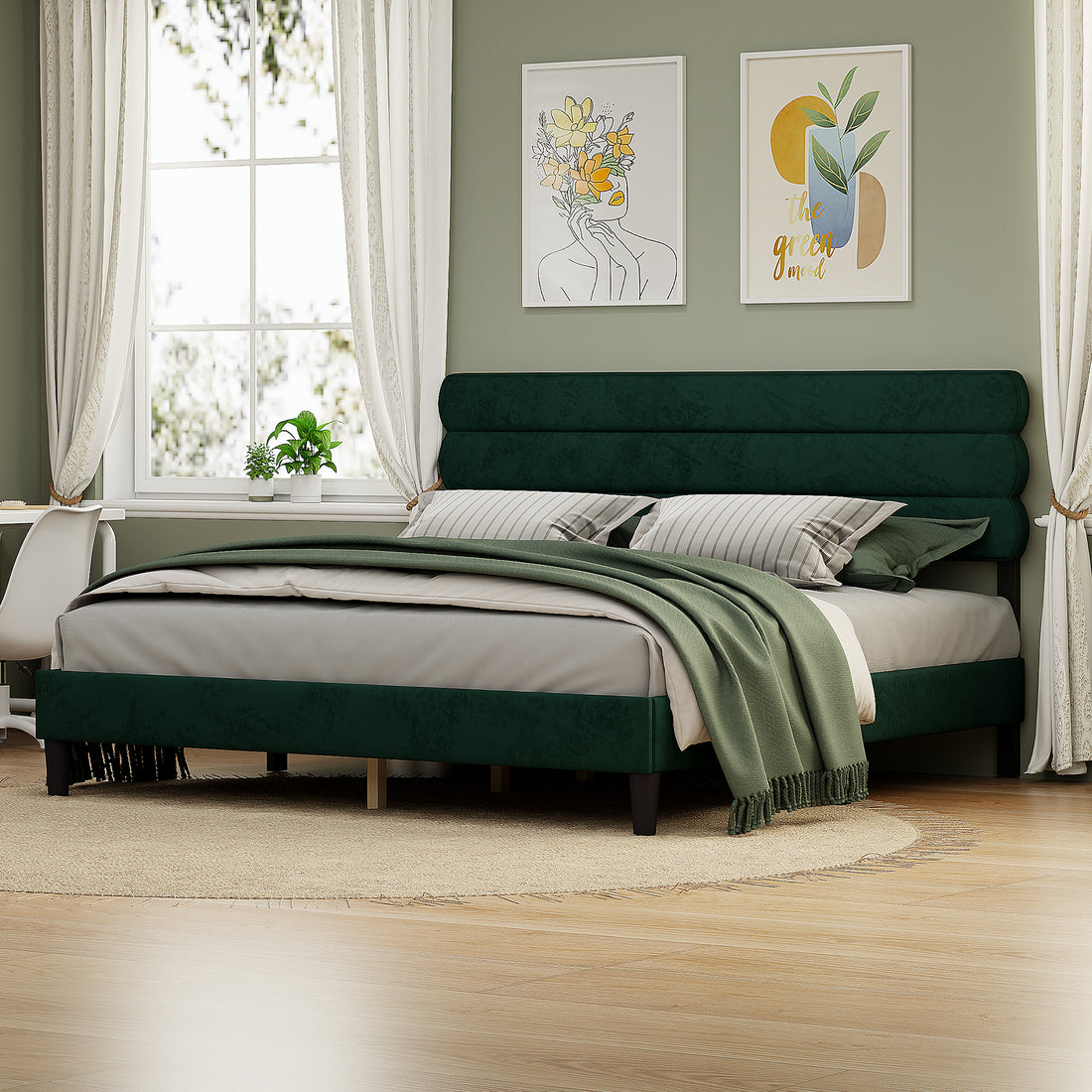 King Bed Frame With Headboard,Sturdy Platform Bed With Wooden Slats Support,No Box Spring,Mattress Foundation,Easy Assembly Green Green Wood