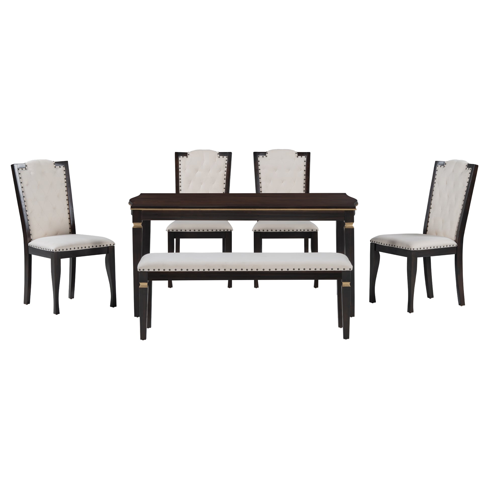 6 Piece Kitchen Dining Table Set, 62.7" Rectangular Table And 4 High Back Tufted Chairs & 1 Bench For Dining Room And Kitchen Espresso Espresso Modern Solid Wood Mdf