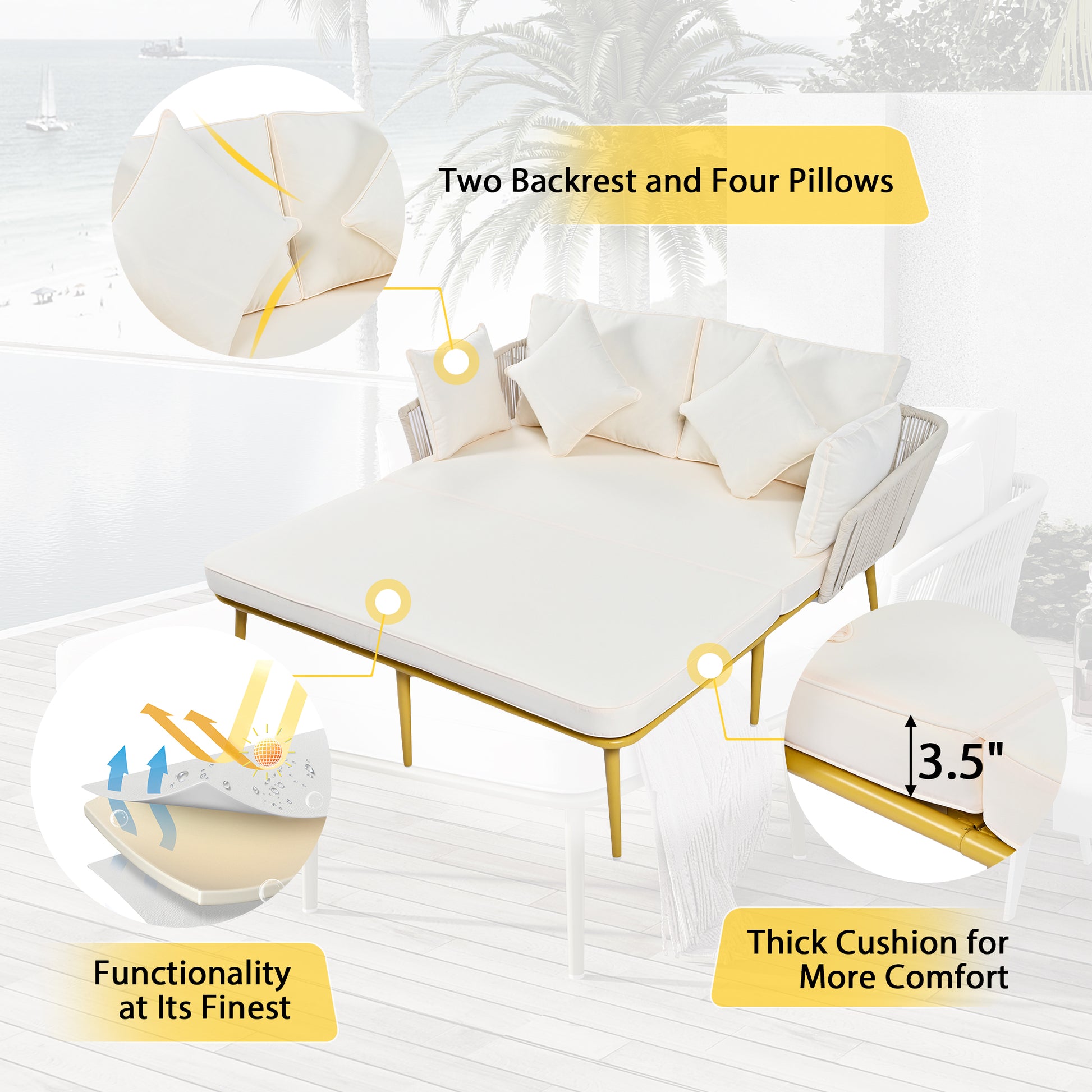 Outdoor Patio Daybed, Woven Nylon Rope Backrest With Washable Cushions For Balcony, Poolside, Set For 2 Person, Beige Yes Complete Patio Set Beige Gold Weather Resistant Frame Stain Resistant Cushions Garden & Outdoor Casual Complete Patio Sets Foam Pvc