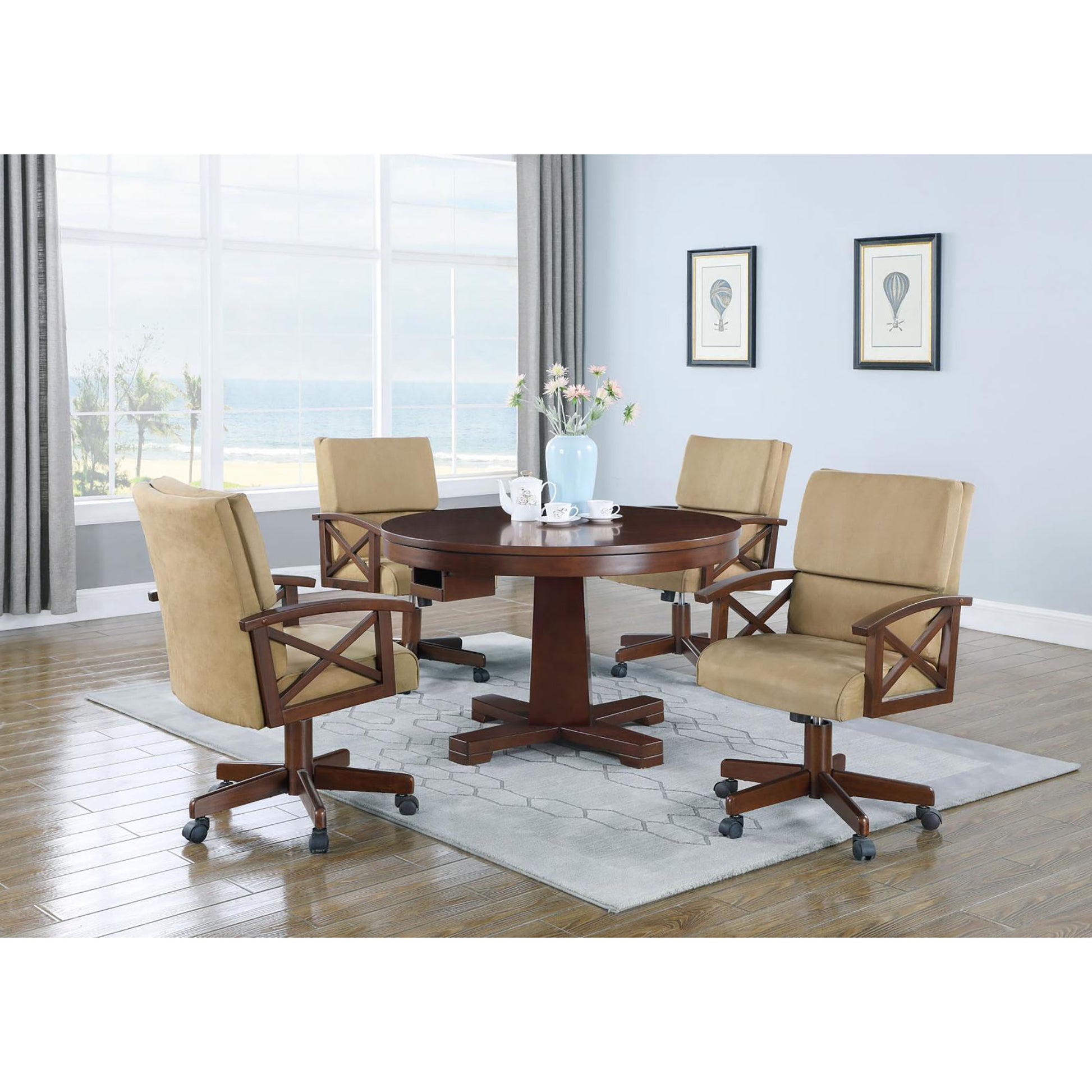 Tan And Upholstered Game Chair With Casters Solid Brown Brown Dining Room Traditional Arm Chair Rubberwood Solid Back Casters Wood