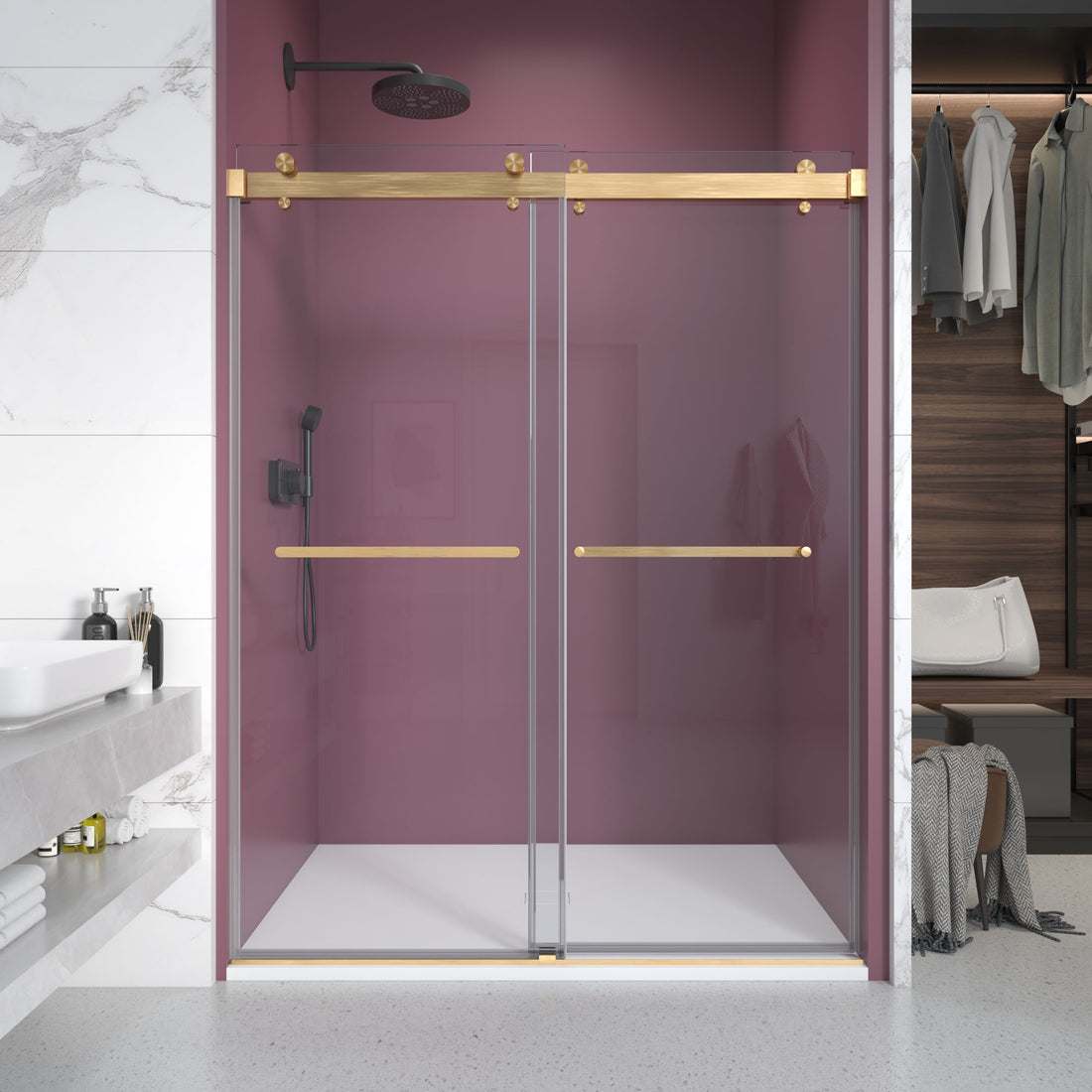 56'' 60'' W X 76'' H Double Sliding Frameless Shower Door With 3 8 Inch 10Mm Clear Glass In Brushed Gold Brushed Gold Stainless Steel