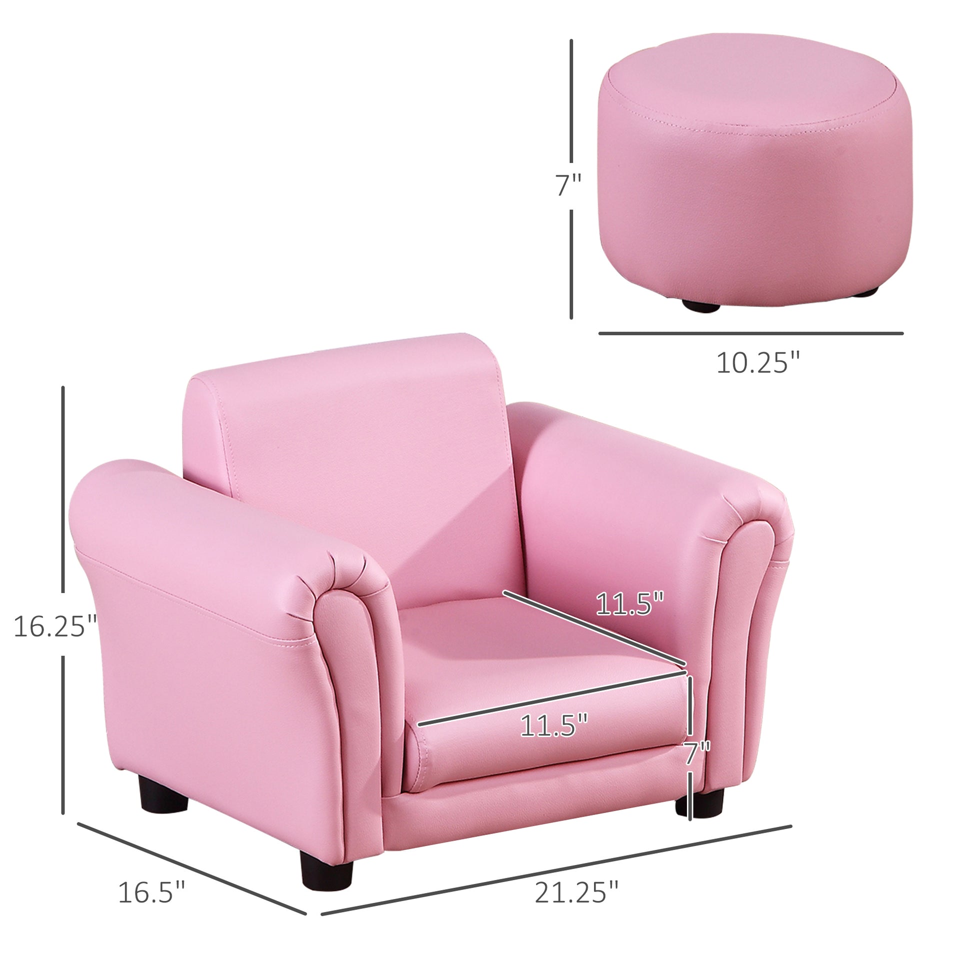 Kids Sofa Set With Footstool, Upholstered Armchair For Kids 18M , Baby Sofa For Playroom, Children'S Bedroom, Nursery Room, Pink Pink Wood