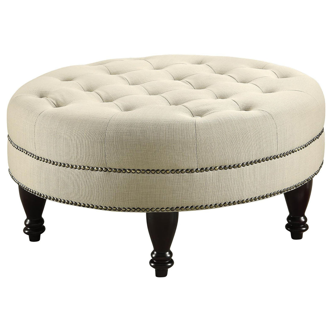 Oatmeal Cocktail Ottoman With Trim Beige Wood Primary Living Space Backless Traditional Rubberwood Round Armless Foam Tufted Upholstered