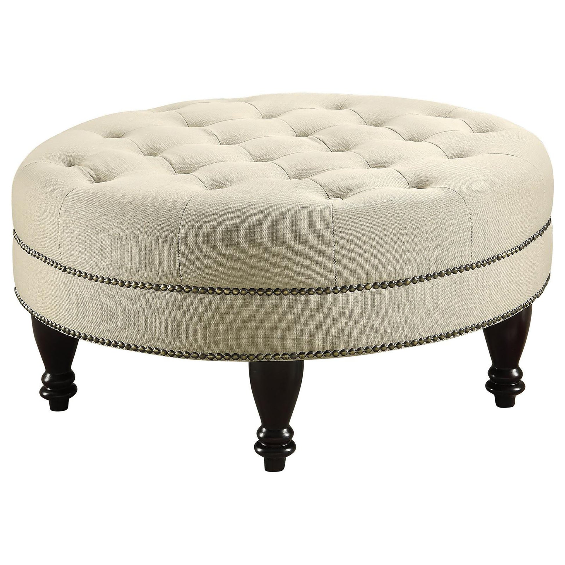 Oatmeal Cocktail Ottoman With Trim Beige Wood Primary Living Space Backless Traditional Rubberwood Round Armless Foam Tufted Upholstered