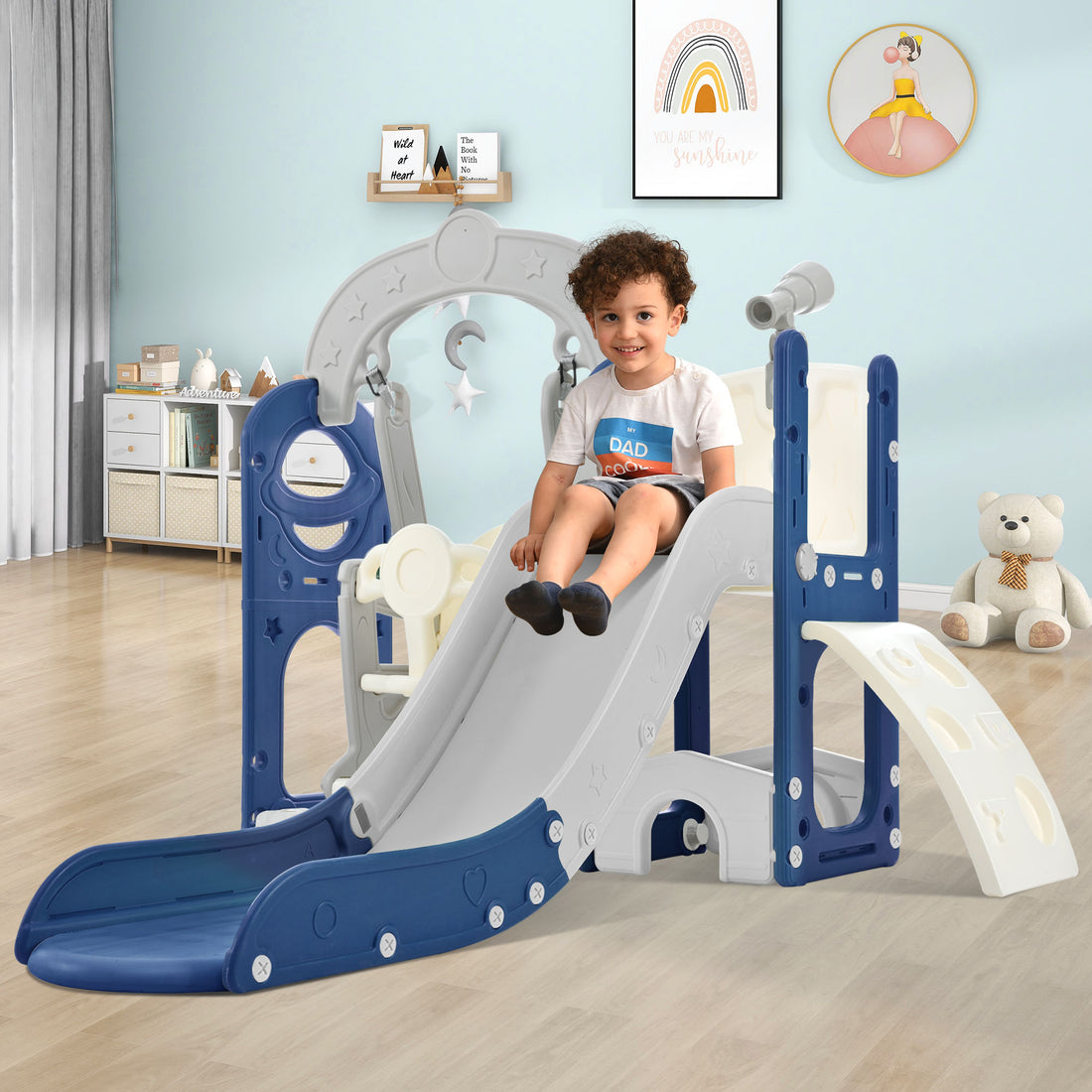 Toddler Slide And Swing Set 5 In 1, Kids Playground Climber Slide Playset With Telescope, Freestanding Combination For Babies Indoor & Outdoor Grey Blue Hdpe