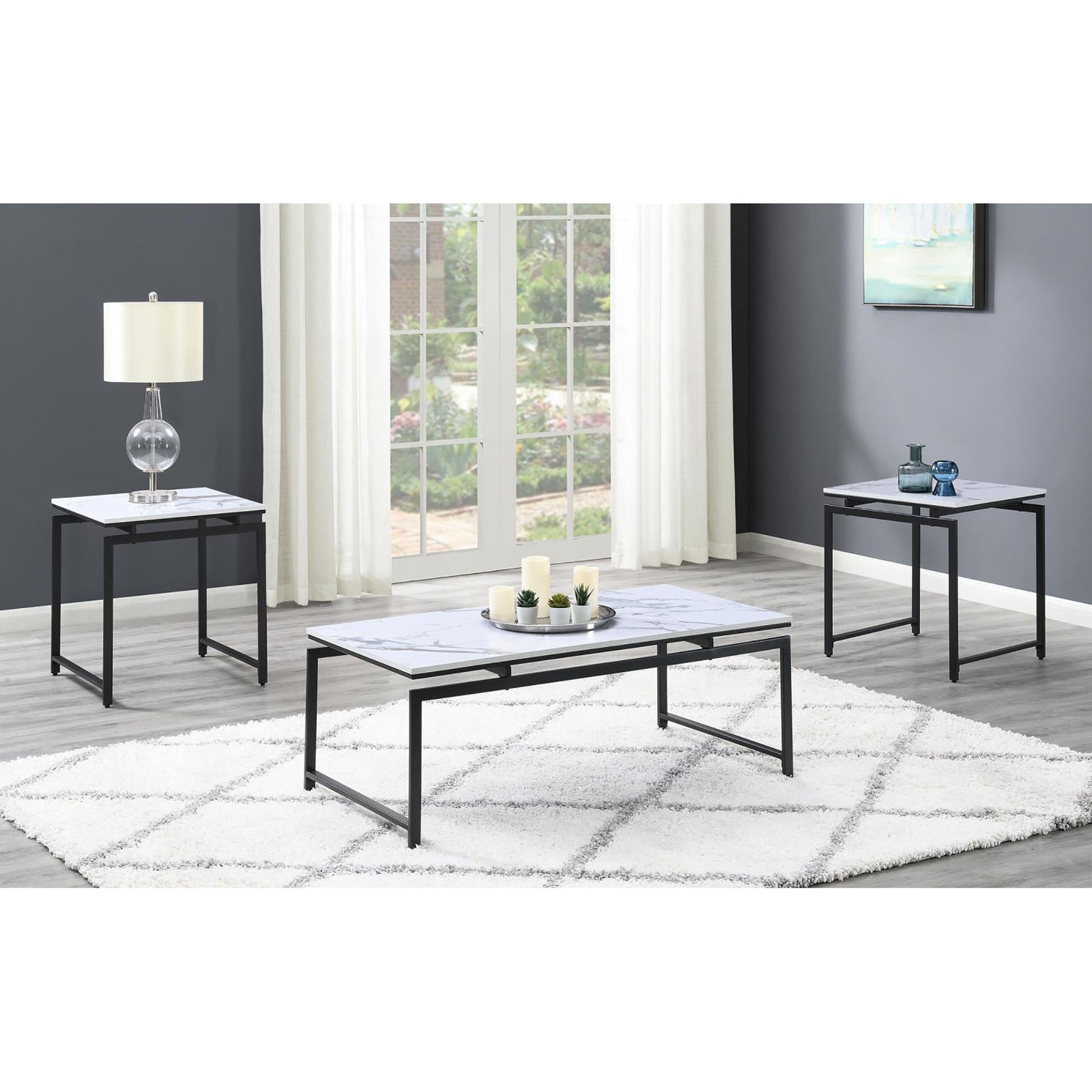 White Faux Marble And Dark Gunmetal 3 Piece Occasional Set White Primary Living Space Contemporary,Modern Tabeltop Rectangular Coffee & End Tables Metal