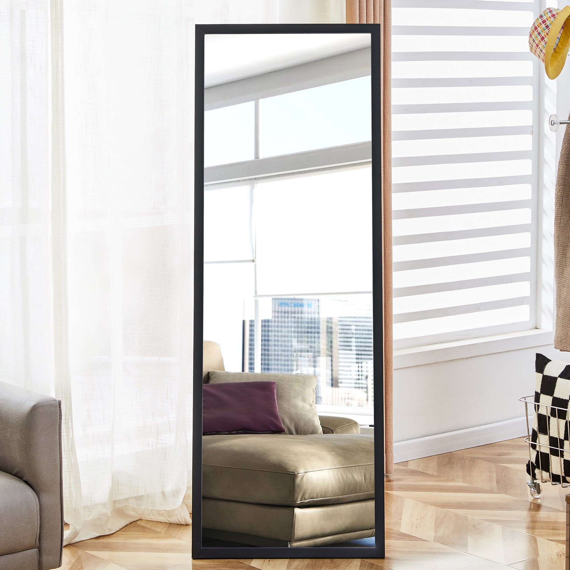 Third Generation Black Solid Wood Frame Full Body Mirror,Border, Bathroom Makeup Mirror, Bedroom Porch, Decorative Mirror, Clothing Store, Floor Standing Large Mirror. Black 65 "* 22.8" Black Solid Wood