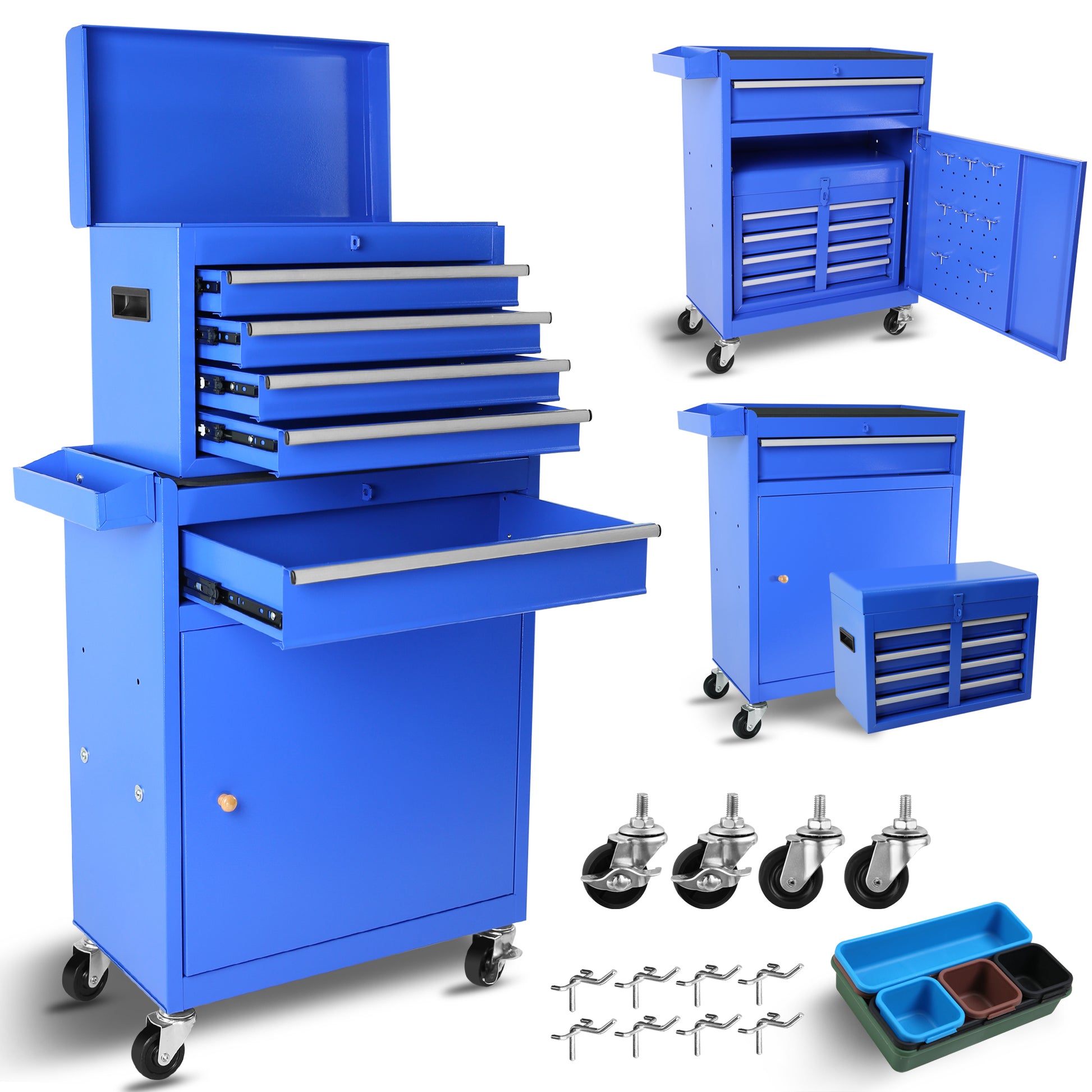 5 Drawer Rolling Tool Chest, High Capacity Tool Storage Cabinet W Lockable Wheels, Adjustable Shelf & Anti Slip Liner, Detachable Tool Box Organizer, Rolling Tool Cabinet Blue Steel