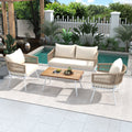 K&K 4 Piece Boho Rope Patio Furniture Set, Outdoor Furniture With Acacia Wood Table, Patio Conversation Set With Deep Seating & Thick Cushion For Backyard Porch Balcony, Beige Yes Complete Patio Set Beige Weather Resistant Frame Fade Resistant Cushion