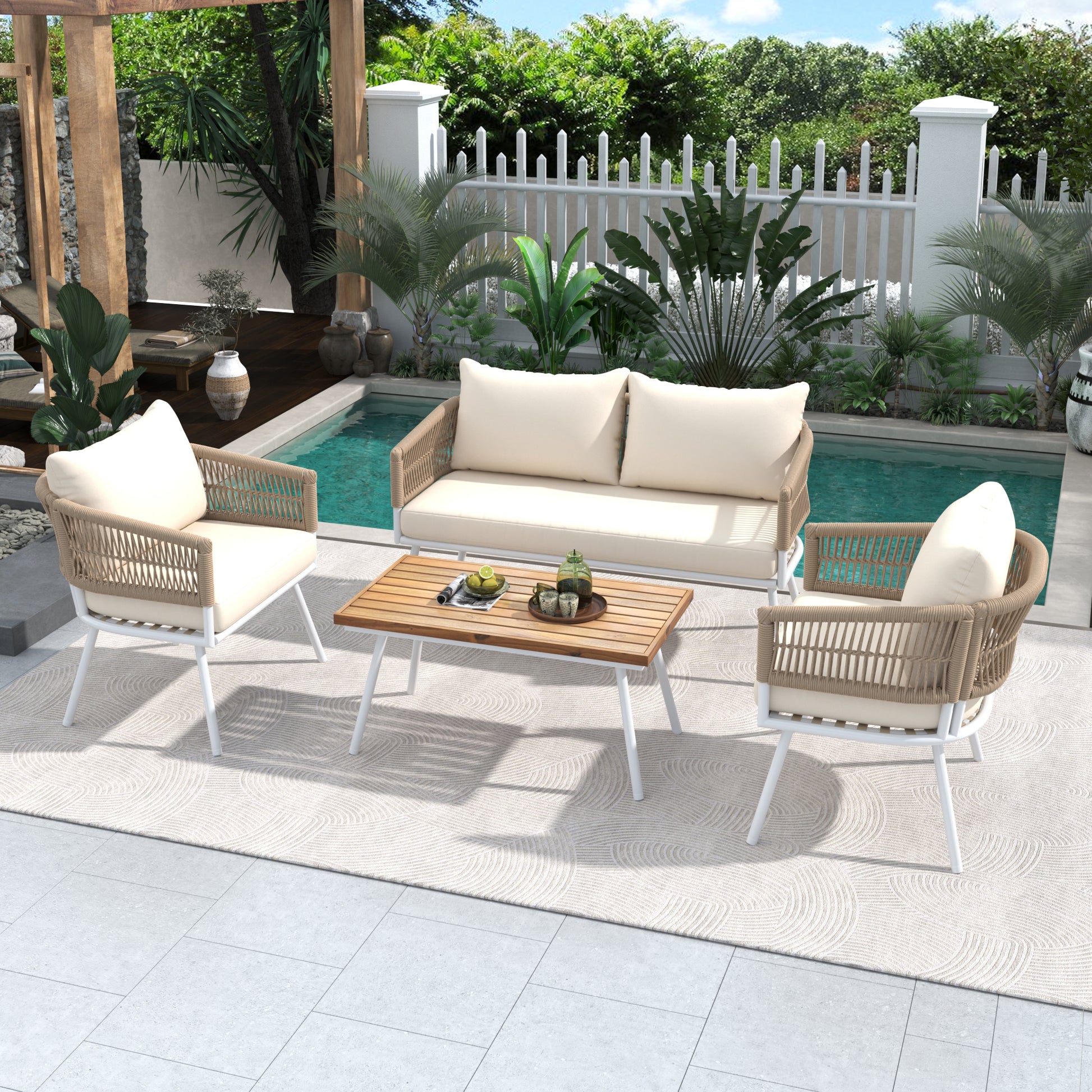 K&K 4 Piece Boho Rope Patio Furniture Set, Outdoor Furniture With Acacia Wood Table, Patio Conversation Set With Deep Seating & Thick Cushion For Backyard Porch Balcony, Beige Yes Complete Patio Set Beige Weather Resistant Frame Fade Resistant Cushion