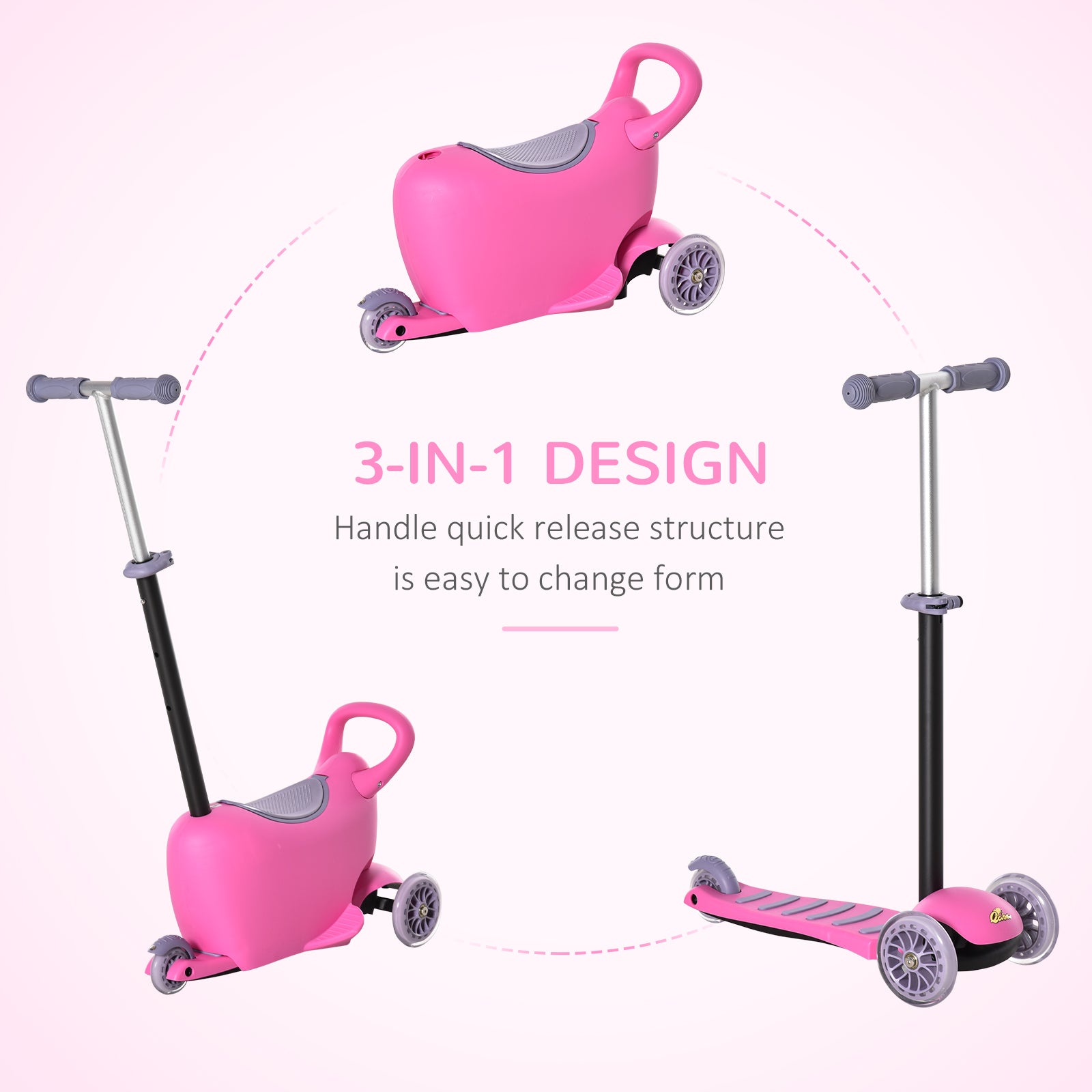 3 In 1 Ride On Push Car, Kids Scooter, Sliding Walker, Push Rider, With Adjustable Handlebar, 3 Balanced Wheels, Removable Storage Seat, For Boys And Girls Aged 2 6 Years Olds, Pink Pink Metal