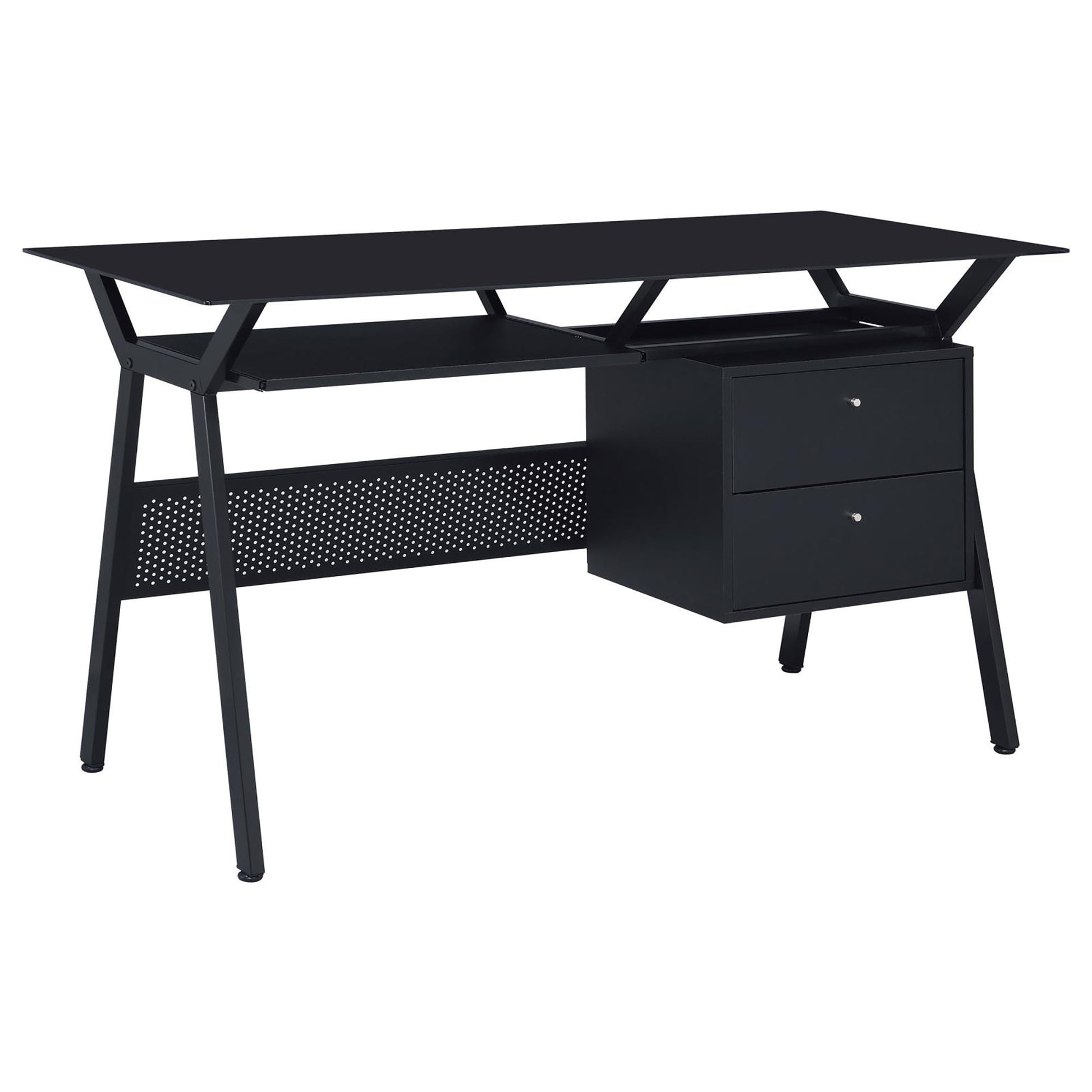 Black 2 Drawer Computer Desk Black Keyboard Tray Computer Desk Office Contemporary,Modern Rectangular Drawers Folding Tables Metal Trestle