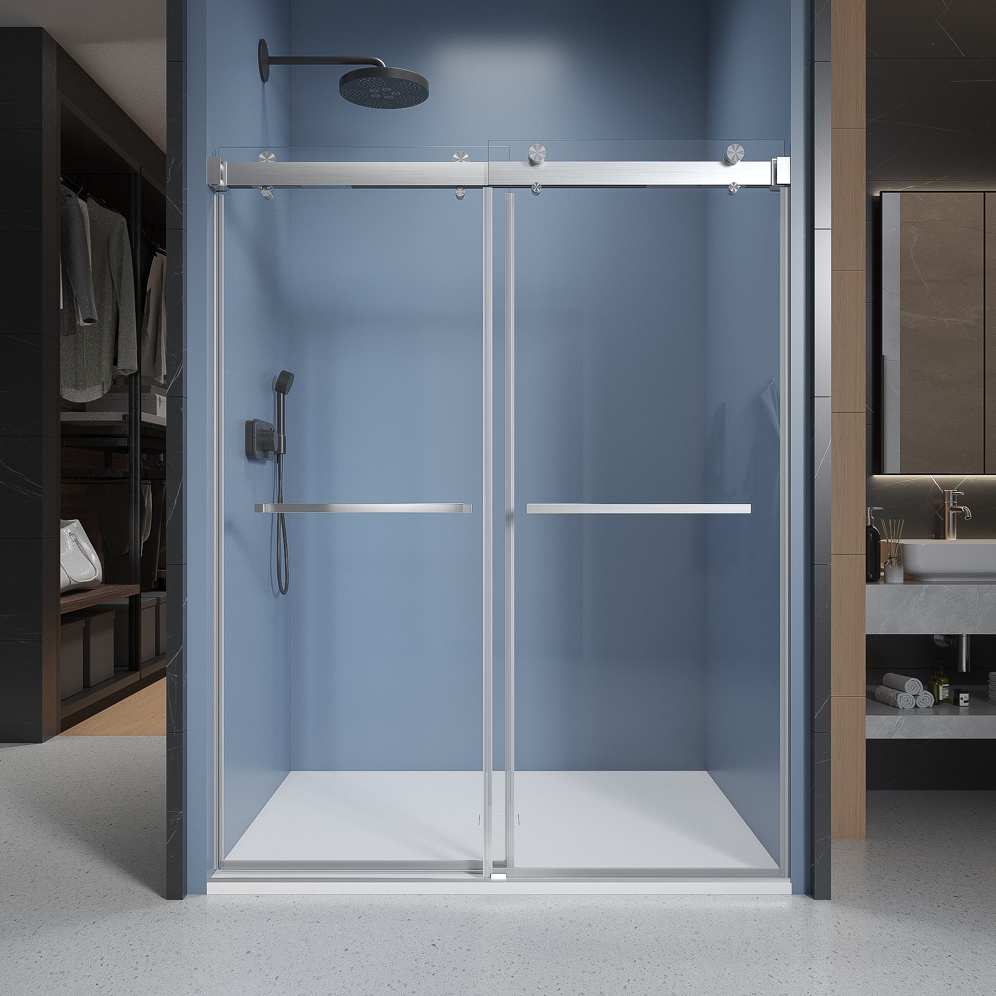 56'' 60'' W X 76'' H Soft Closing Double Sliding Frameless Shower Door With 3 8 Inch 10Mm Clear Glass In Brushed Nickel Brushed Nickel Stainless Steel