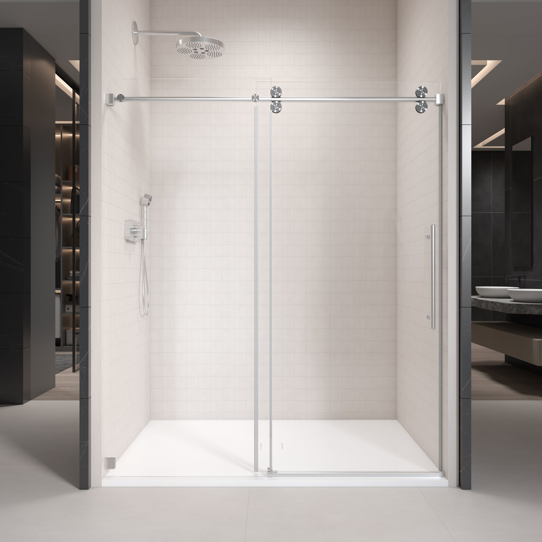 56'' 60'' W X 76'' H Single Sliding Frameless Shower Door With 3 8 Inch 10Mm Clear Glass In Brushed Nickel Brushed Nickel Stainless Steel