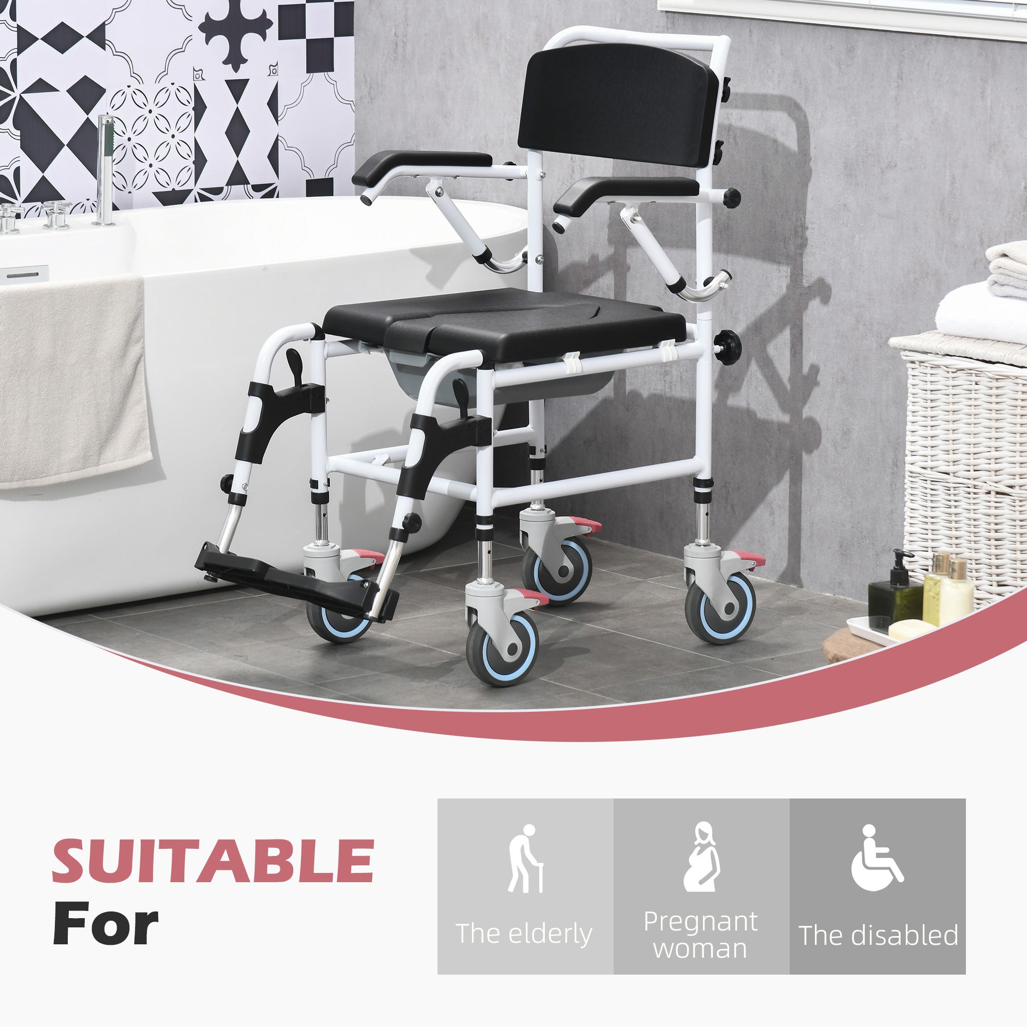 Accessibility Commode Wheelchair, Rolling Shower black-pu leather