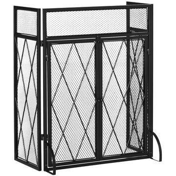 3 Panel Folding Fireplace Screen For Wood Burning With Double Doors, Home Heavy Duty Steel Fire Spark Guard, 47.25" X 31", Black Black Steel