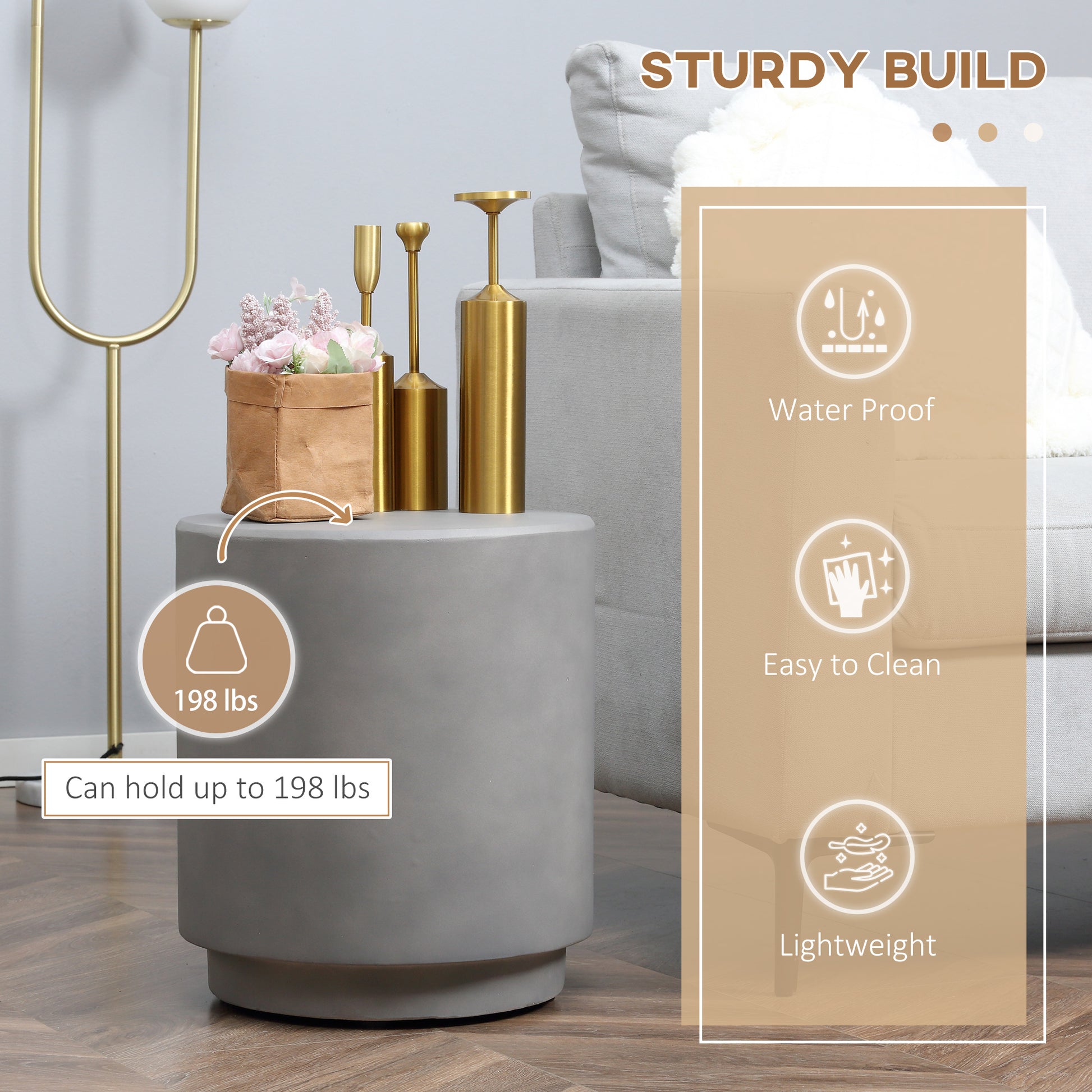 Round Side Table, Lightweight Accent Table With Concrete Finish, Nightstand With 4 Adjustable Feet For Indoor, Outdoor, Light Grey Gray Concrete