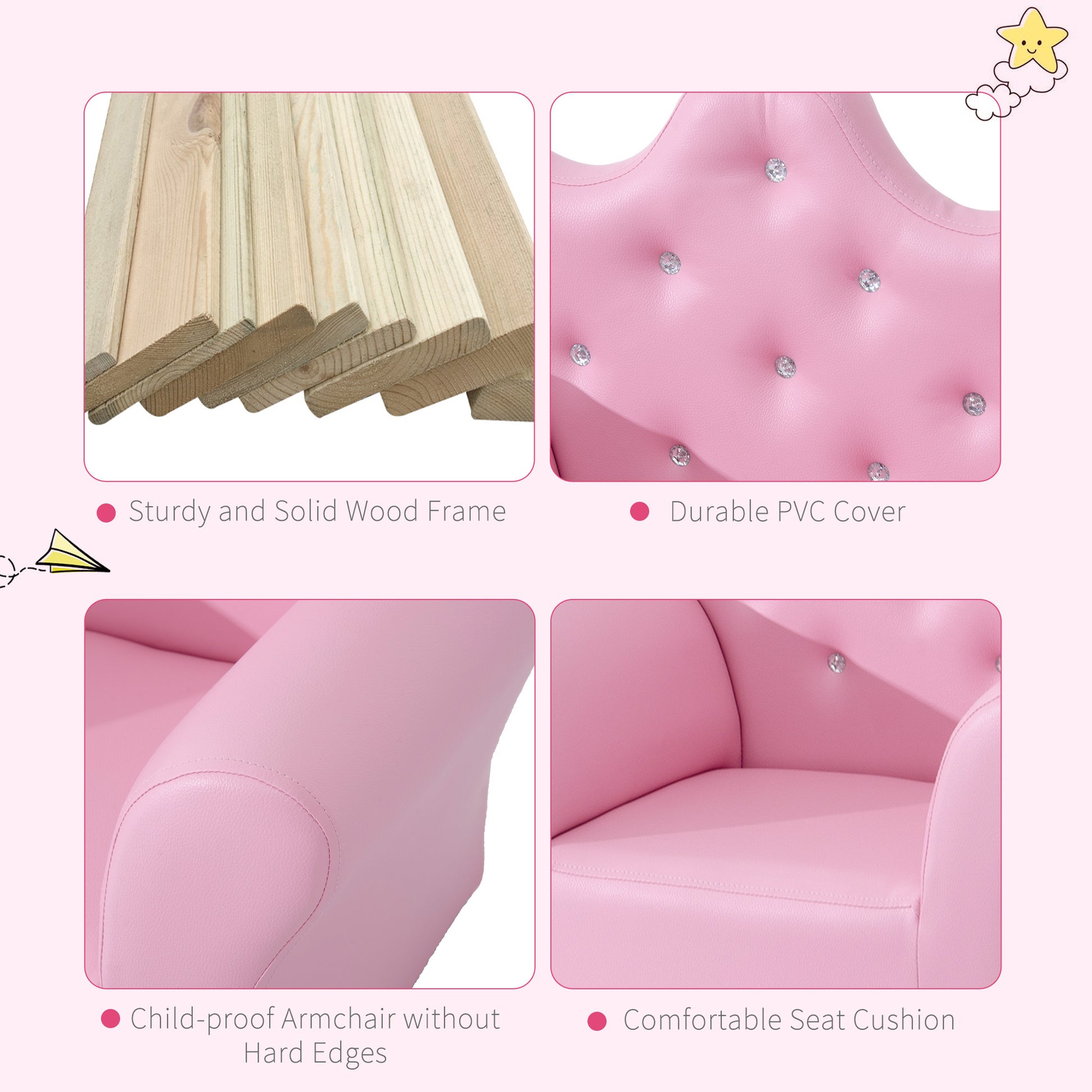 Kids Sofa Set, Children'S Upholstered Sofa With Footstool, Princess Sofa With Diamond Decorations, Baby Sofa Chair For Toddlers, Girls, Pink Pink Wood