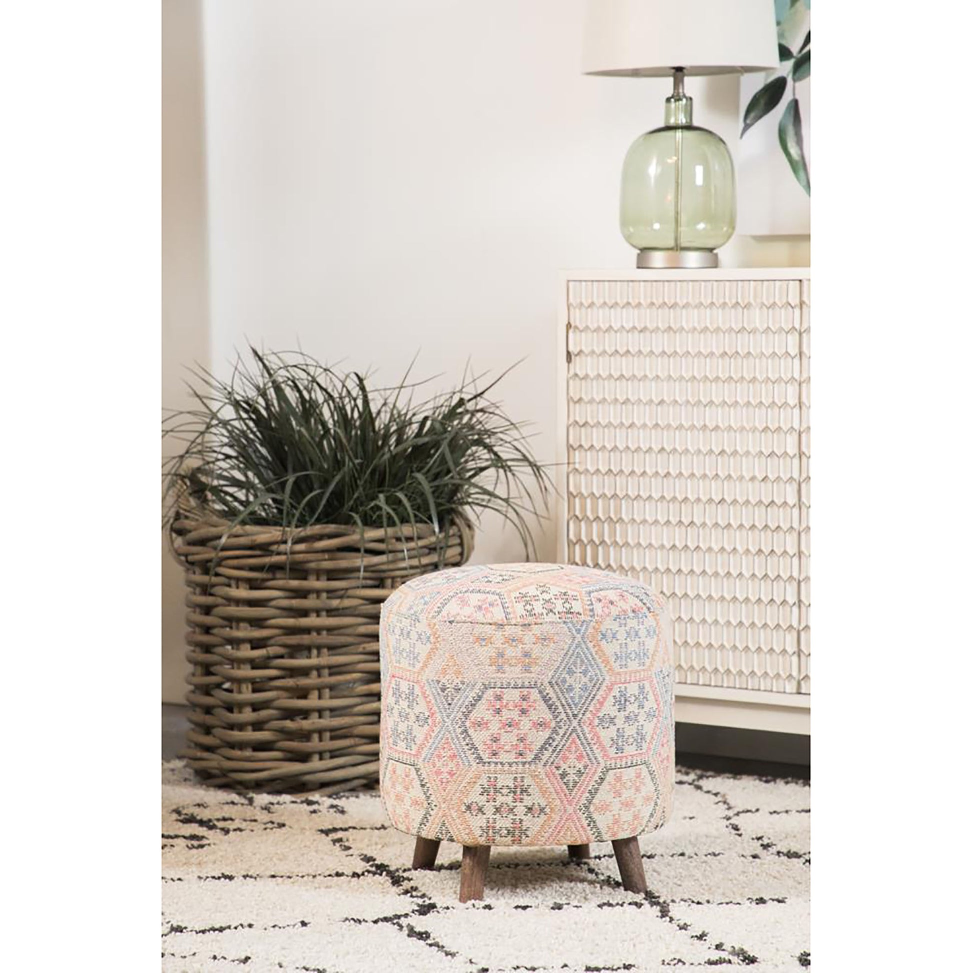 Pink Ikat Pattern Accent Stool Pink Bar Stools & Counter Stools Bedroom Round Casual Armless Foam Upholstered