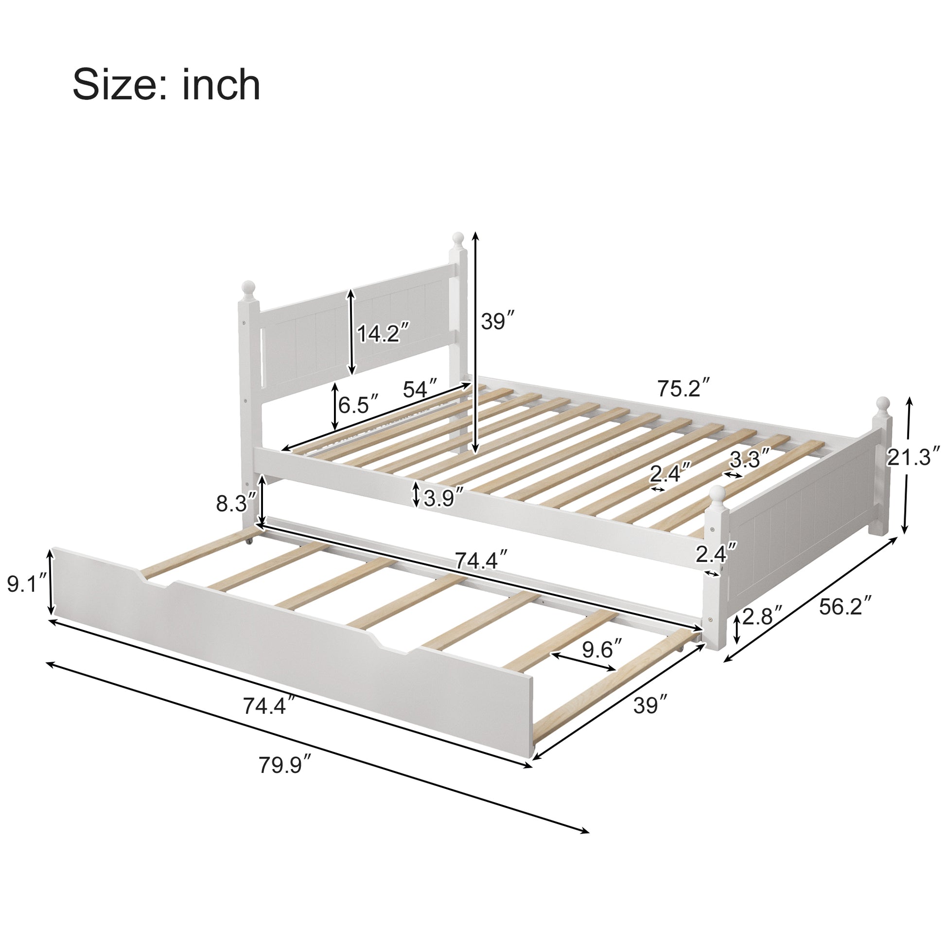 Full Size Solid Wood Platform Bed Frame With Trundle For Limited Kids, Teens, Adults, No Need Box Spring, White Box Spring Not Required Full White Wood Bedroom Mid Century Modern,Modern Pine Bed Frame Wood