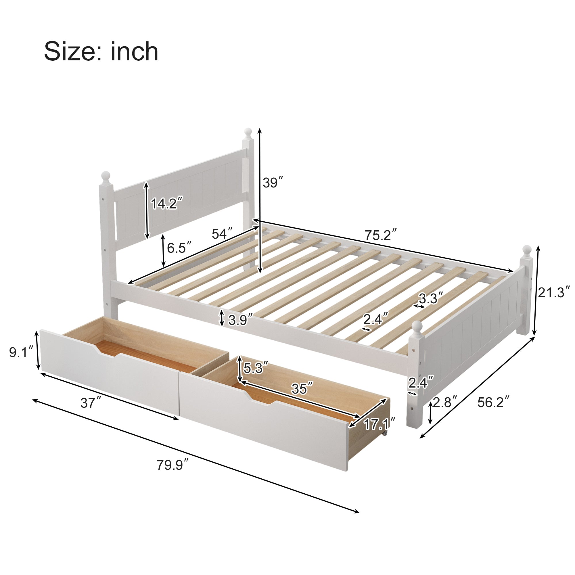 Full Size Solid Wood Platform Bed Frame with 2 drawers box spring not