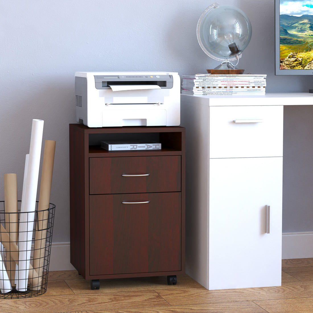 Mobile Storage Cabinet Organizer With Drawer And Cabinet, Printer Stand With Castors, Brown Brown Particle Board