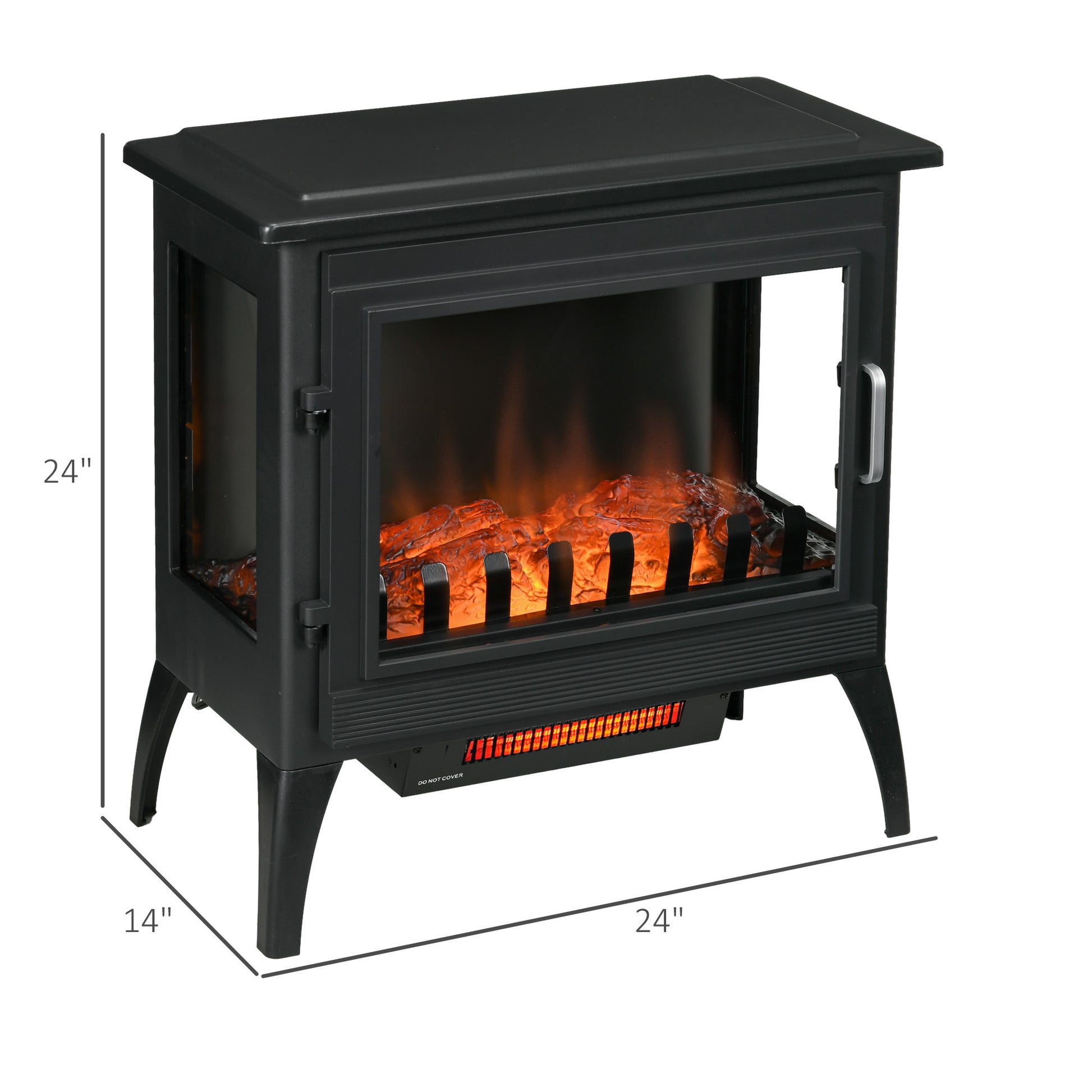 24" Electric Fireplace Stove, Freestanding Infrared Fire Place Heater With Realistic Logs Flame, Adjustable Temperature, Overheat Protection, 1000W 1500W, Black Black Abs