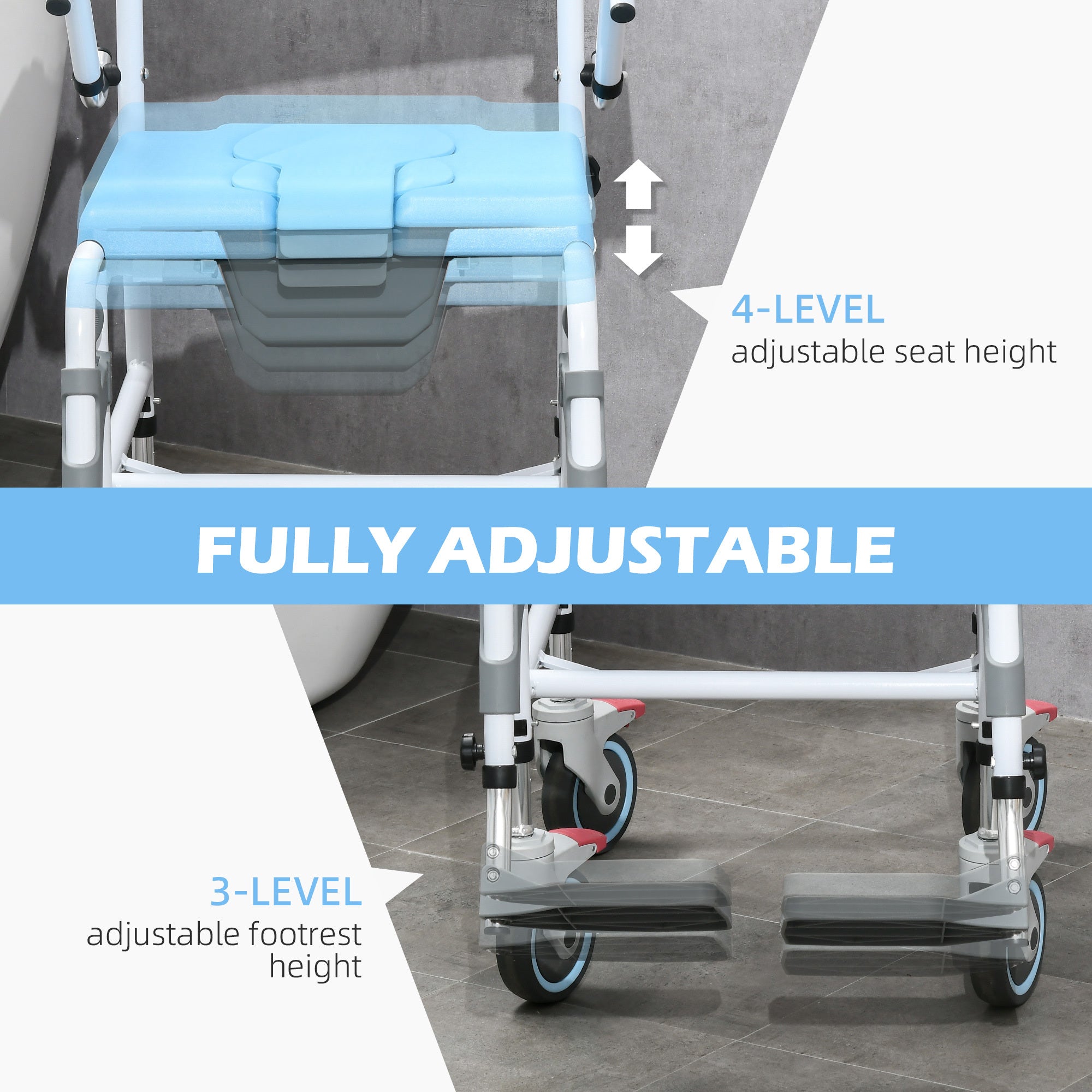 Accessibility Commode Wheelchair, Rolling Shower blue-pu leather