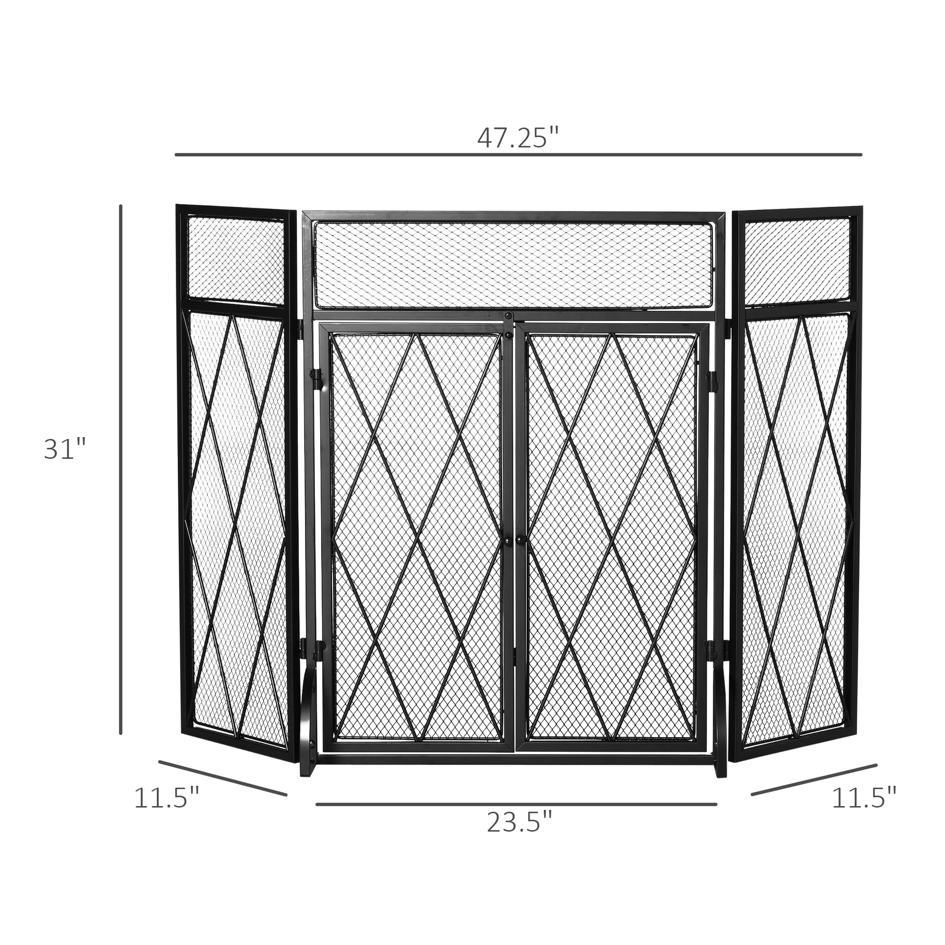 3 Panel Folding Fireplace Screen For Wood Burning With Double Doors, Home Heavy Duty Steel Fire Spark Guard, 47.25" X 31", Black Black Steel