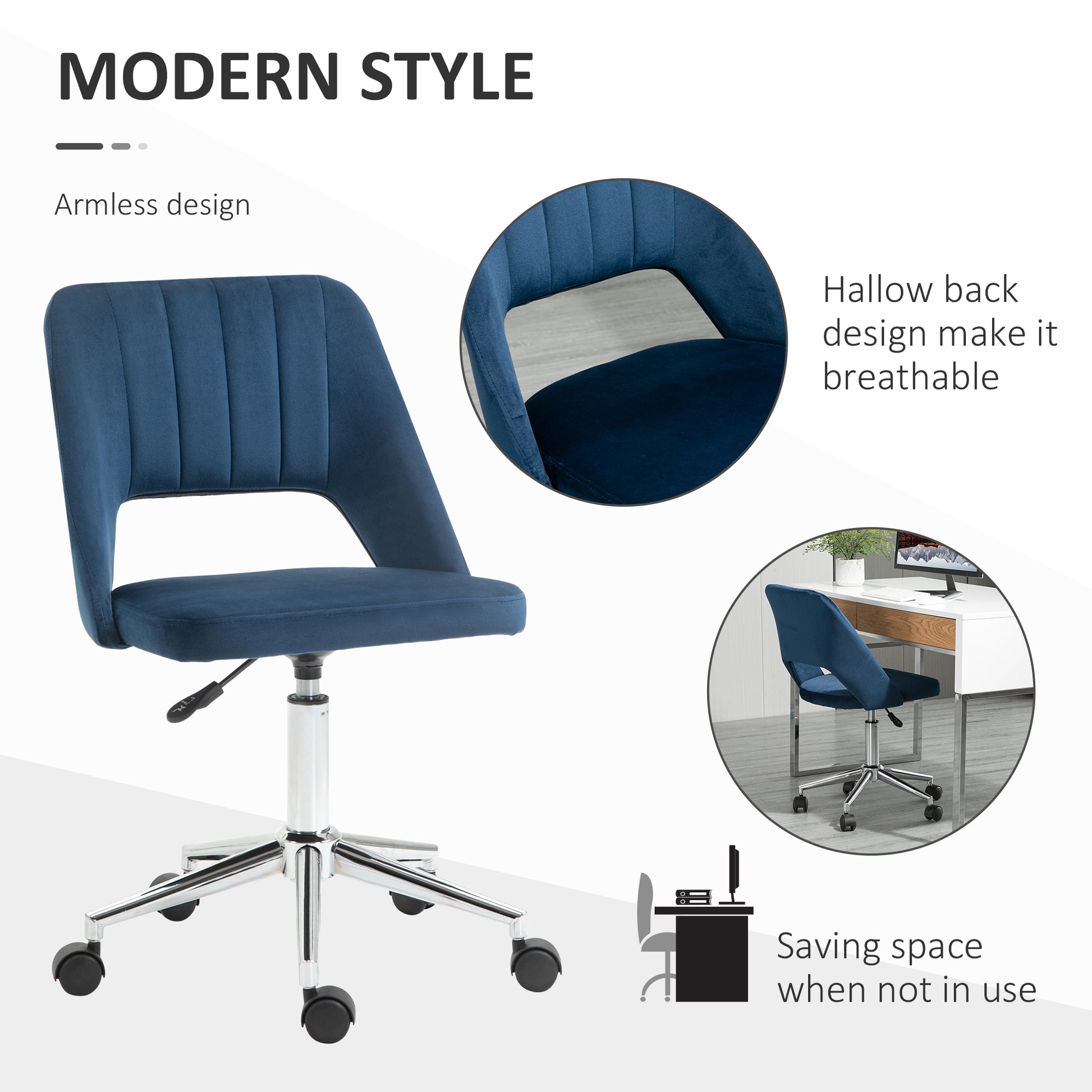 Modern Mid Back Office Chair With Velvet Fabric, Swivel Computer Armless Desk Chair With Hollow Back Design For Home Office, Blue Blue Polyester