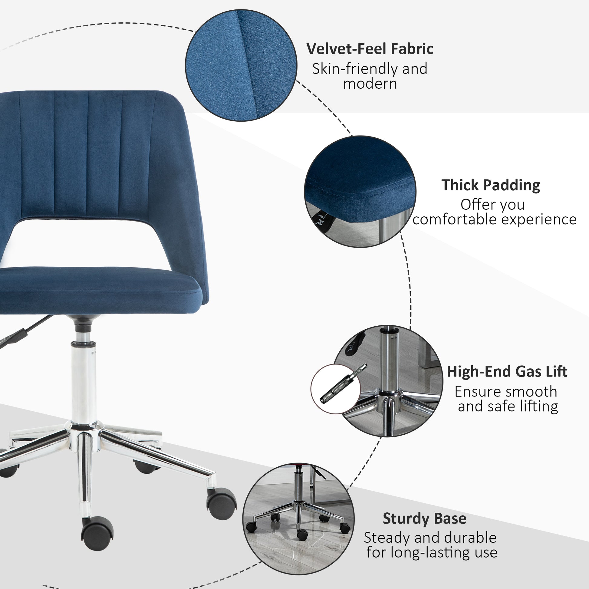 Modern Mid Back Office Chair With Velvet Fabric, Swivel Computer Armless Desk Chair With Hollow Back Design For Home Office, Blue Blue Polyester