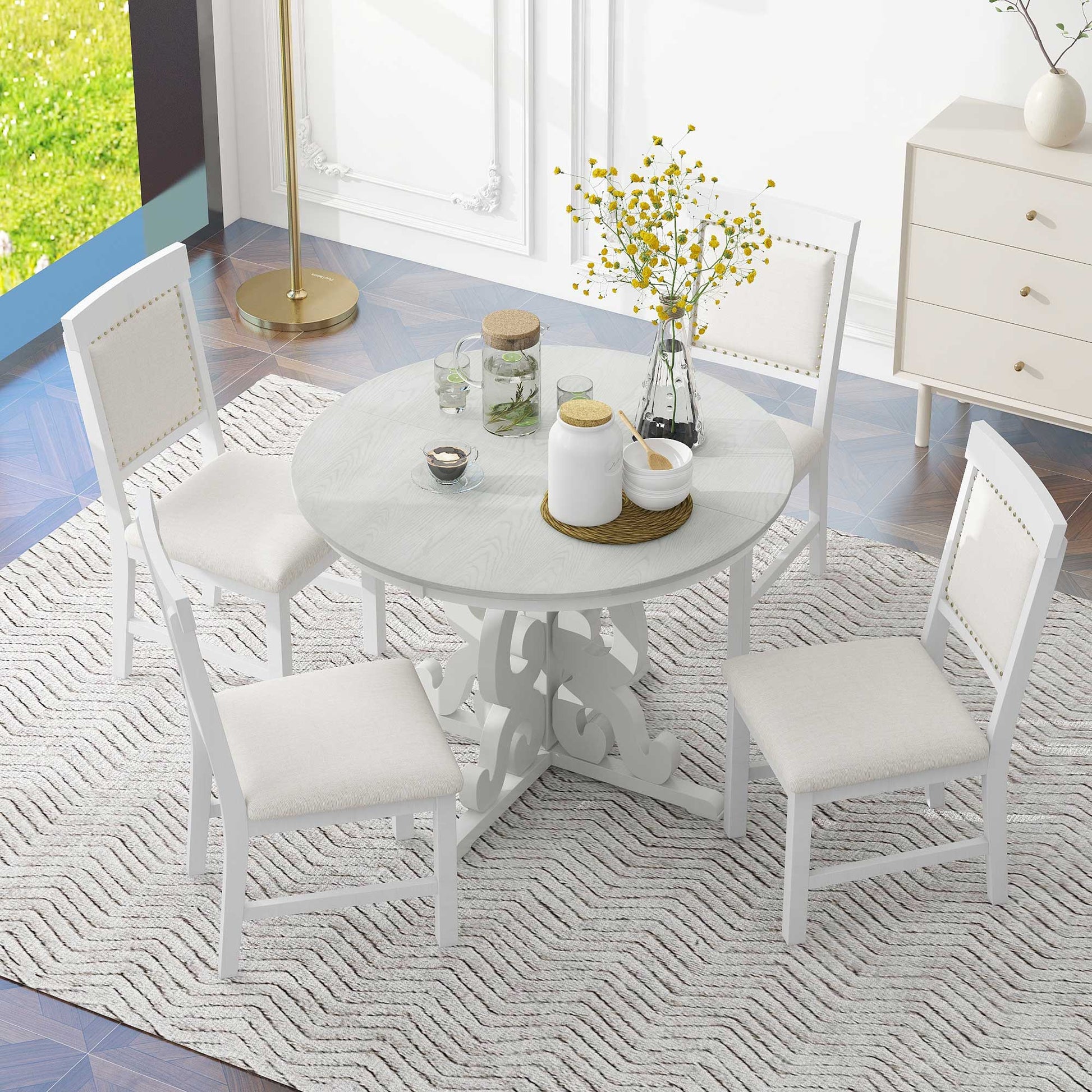 5 Piece Retro Functional Dining Set, 1 Extendable Table With A 16 Inch Leaf And 4 Upholstered Chairs For Dining Room And Kitchen Antique White Antique White Solid Wood