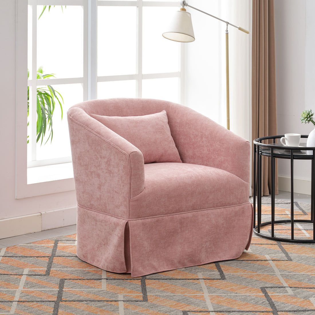 360 Degree Swivel Accent Armchair Linen Blend Pink Pink Upholstered