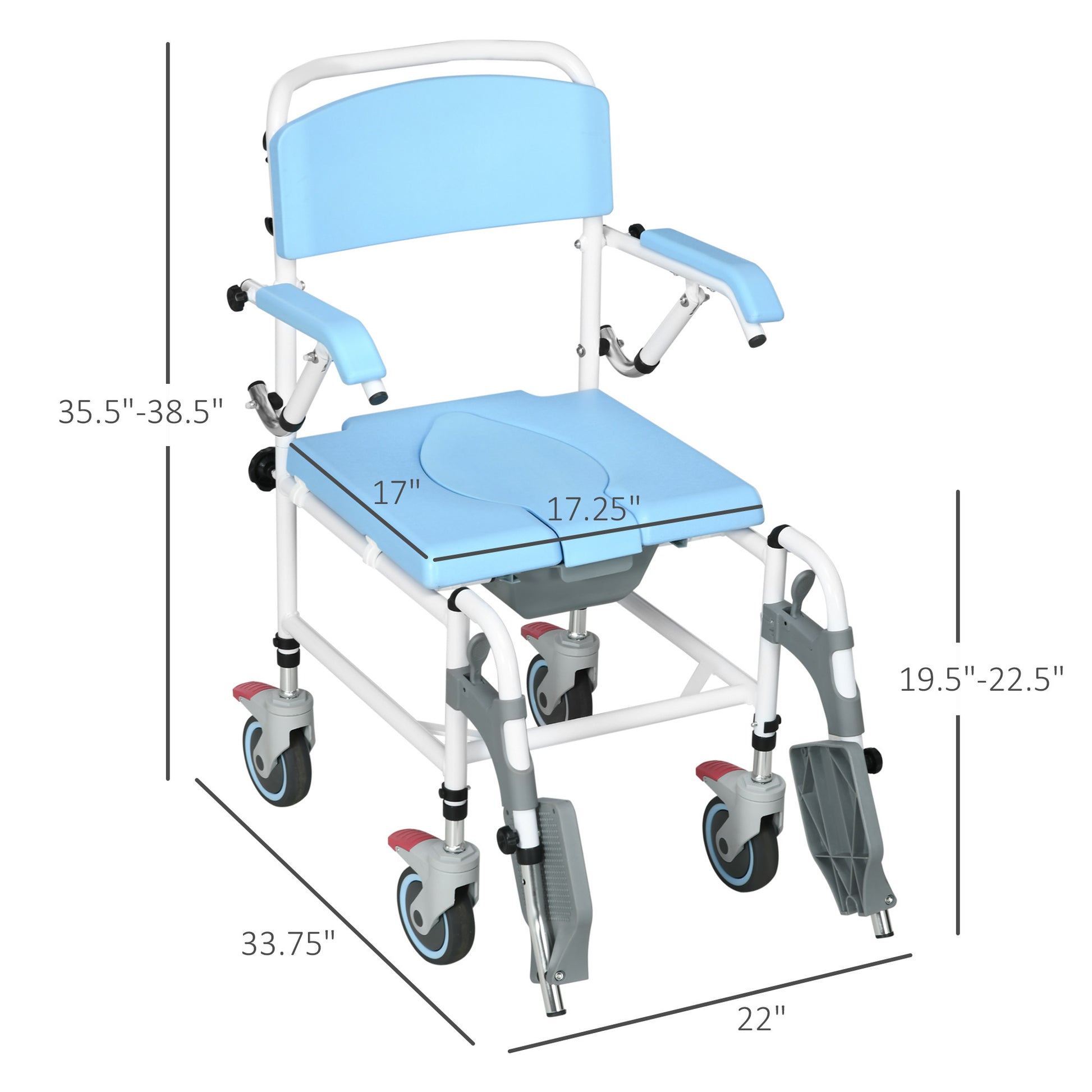 Accessibility Commode Wheelchair, Rolling Shower Wheelchair With 4 Castor Wheels, Rectangle Detachable Bucket, & Waterproof Design, 17" Seat Width, Blue Blue Pu Leather