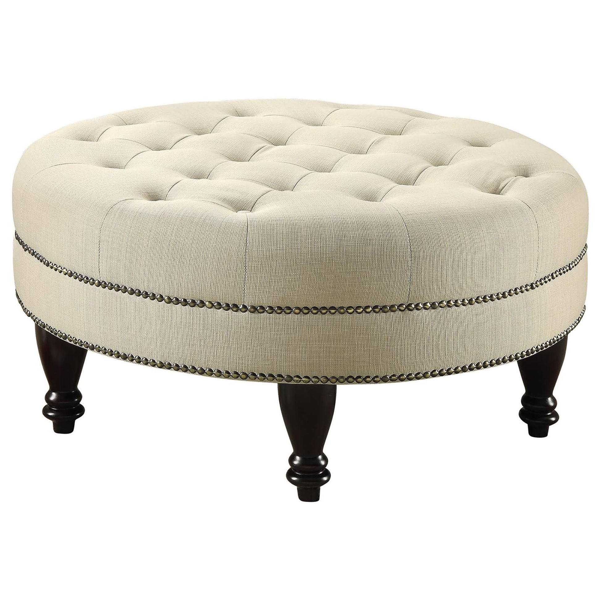 Oatmeal Cocktail Ottoman With Trim Beige Wood Primary Living Space Backless Traditional Rubberwood Round Armless Foam Tufted Upholstered