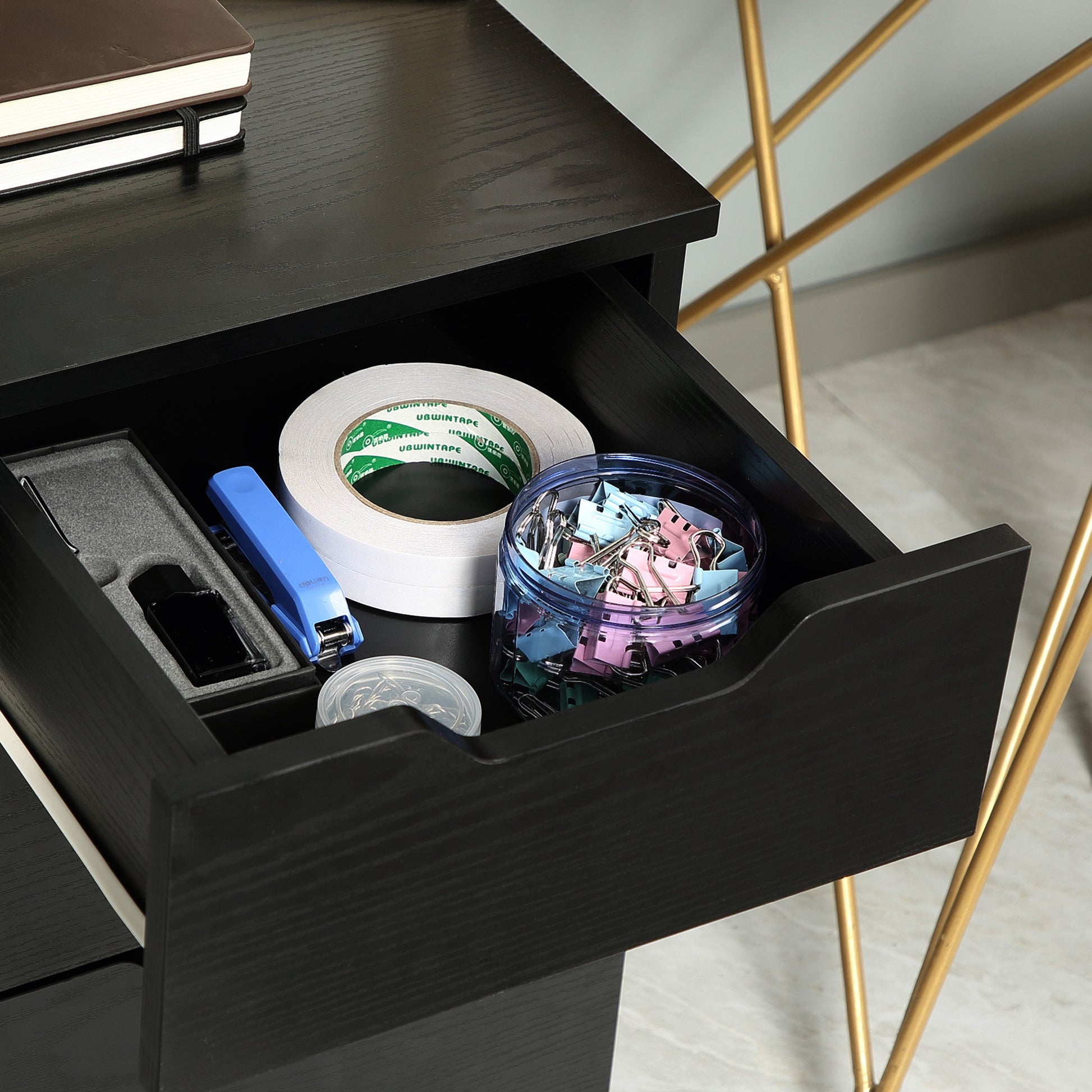 3 Drawer Office Storage Cabinet, Under Desk Cabinet With Wheels, Black Wood Grain Black Particle Board