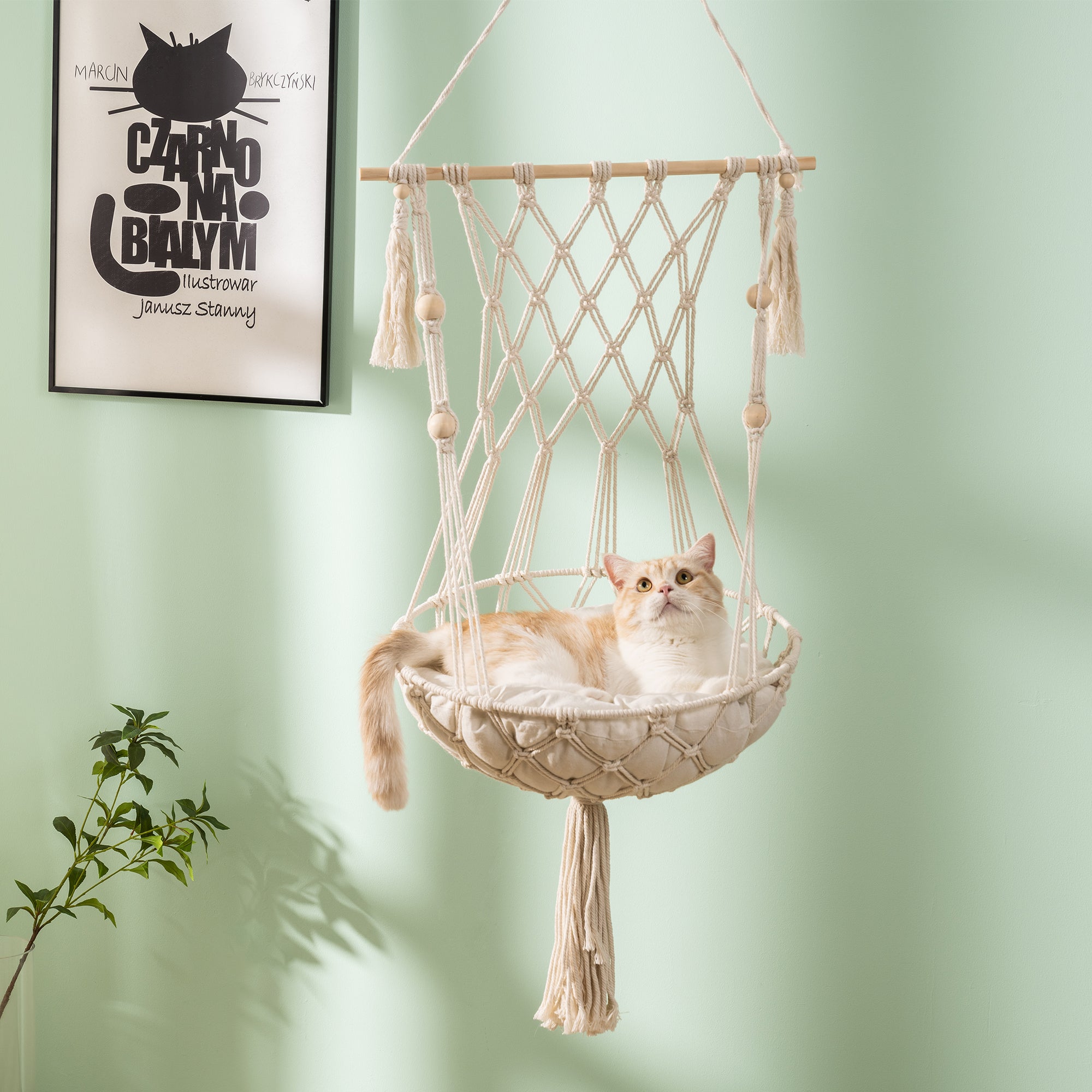 Macrame Cat Hammock, Hanging Cat Bed Hammock Cat Swing beige-cat-small (11 - 25 lbs)-fabric+metal