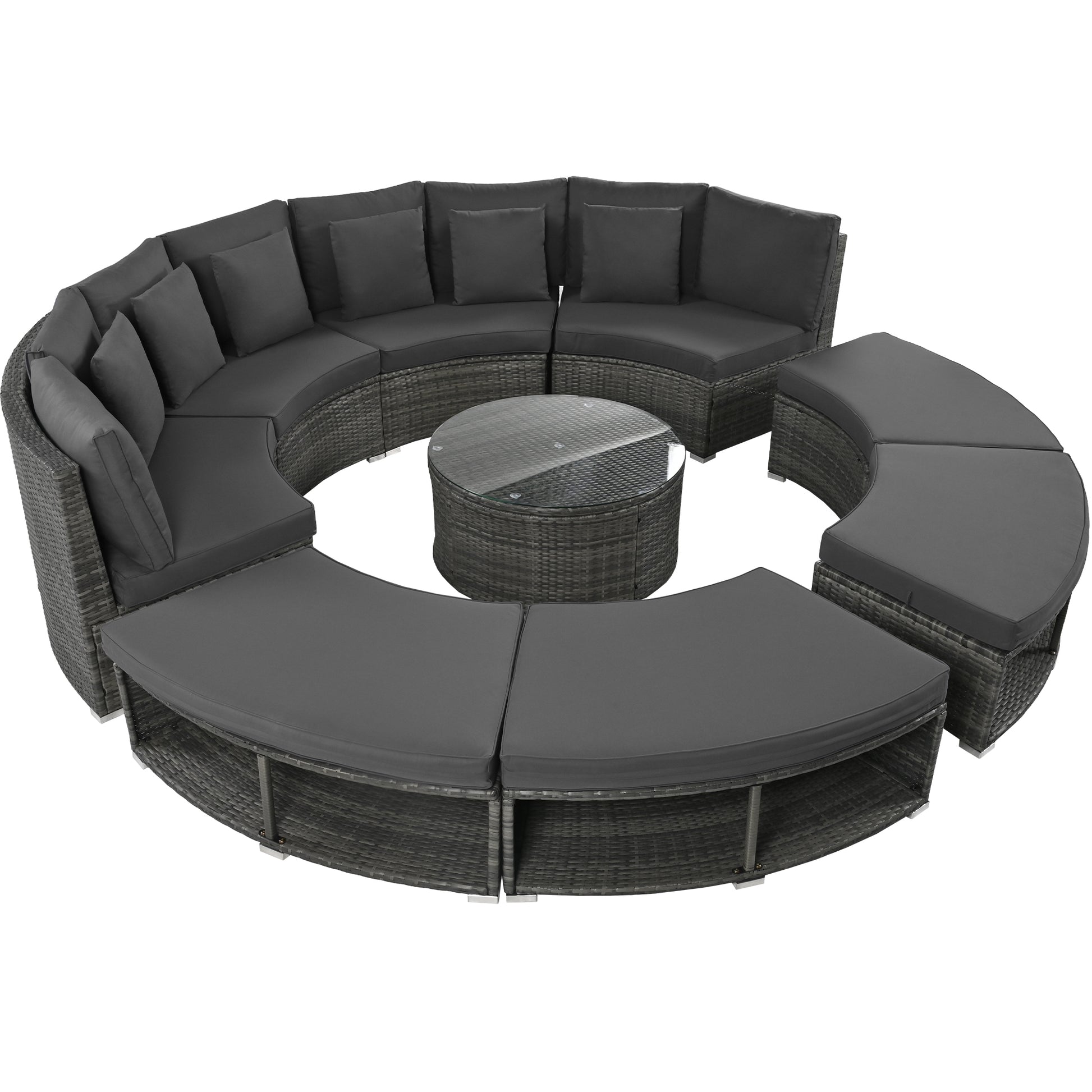 Outdoor Patio Furniture Luxury Circular Outdoor Sofa Set Rattan Wicker Sectional Sofa Lounge Set With Tempered Glass Coffee Table, 6 Pillows, Grey Yes Grey Water Resistant Frame Water Resistant Cushion Garden & Outdoor Sectional Seating Groups Foam