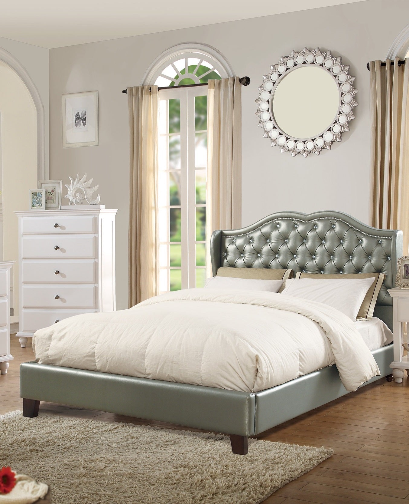 Full Size Bed 1Pc Bed Set Silver Faux Leather Upholstered Wingback Design Bed Frame Headboard Bedroom Furniture Tufted Upholstered Box Spring Not Required Full Silver Bedroom Contemporary,Modern Bed Frame Faux Leather Plywood