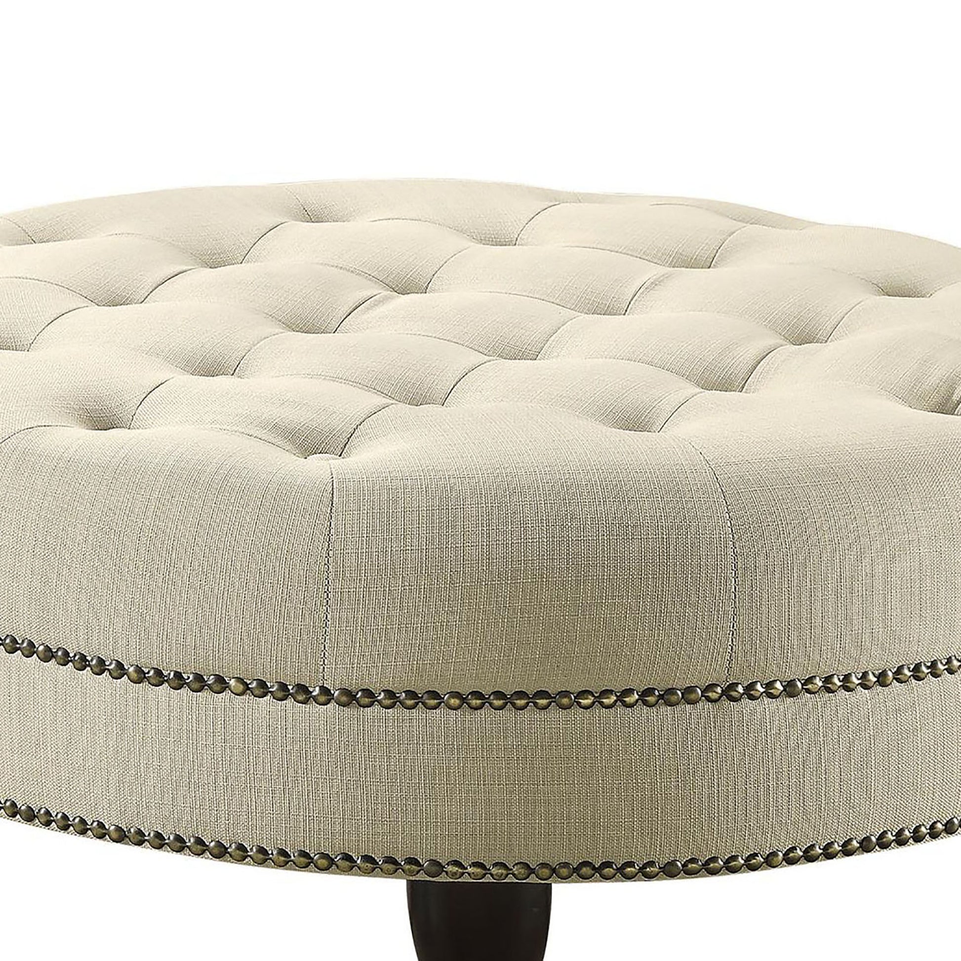 Oatmeal Cocktail Ottoman With Trim Beige Wood Primary Living Space Backless Traditional Rubberwood Round Armless Foam Tufted Upholstered