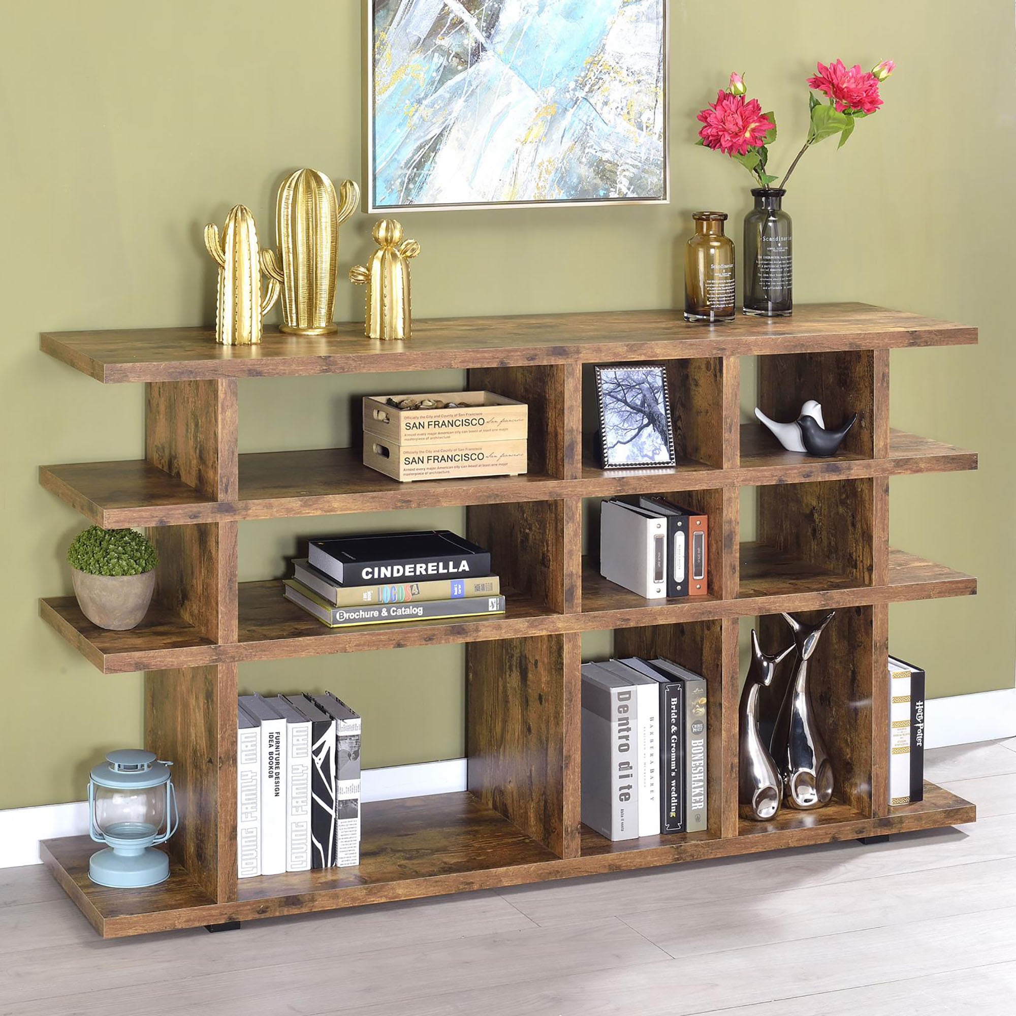 Antique Nutmeg 3 Tier Open Back Bookcase 3 Brown Etagere Horizontal Primary Living Space Open Back Wood Rustic Wood