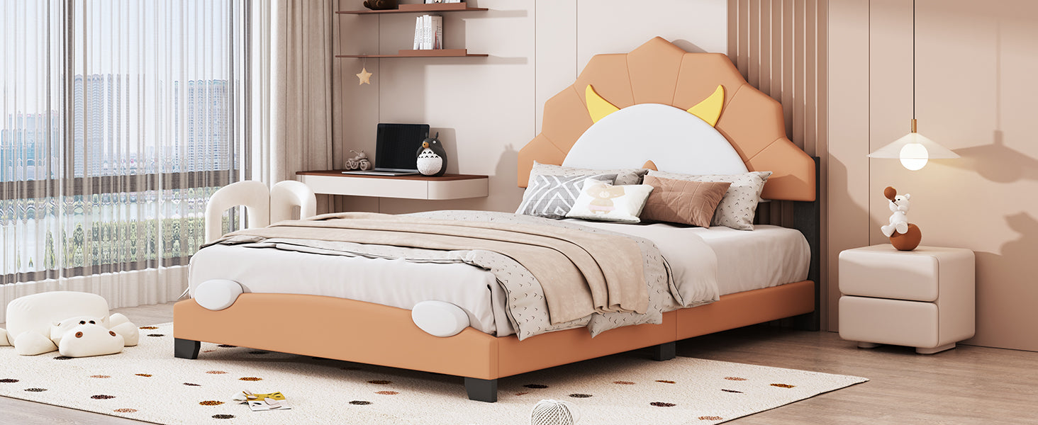 Full Size Upholstered Leather Platform Bed With Lion Shaped Headboard, Brown Brown Upholstered