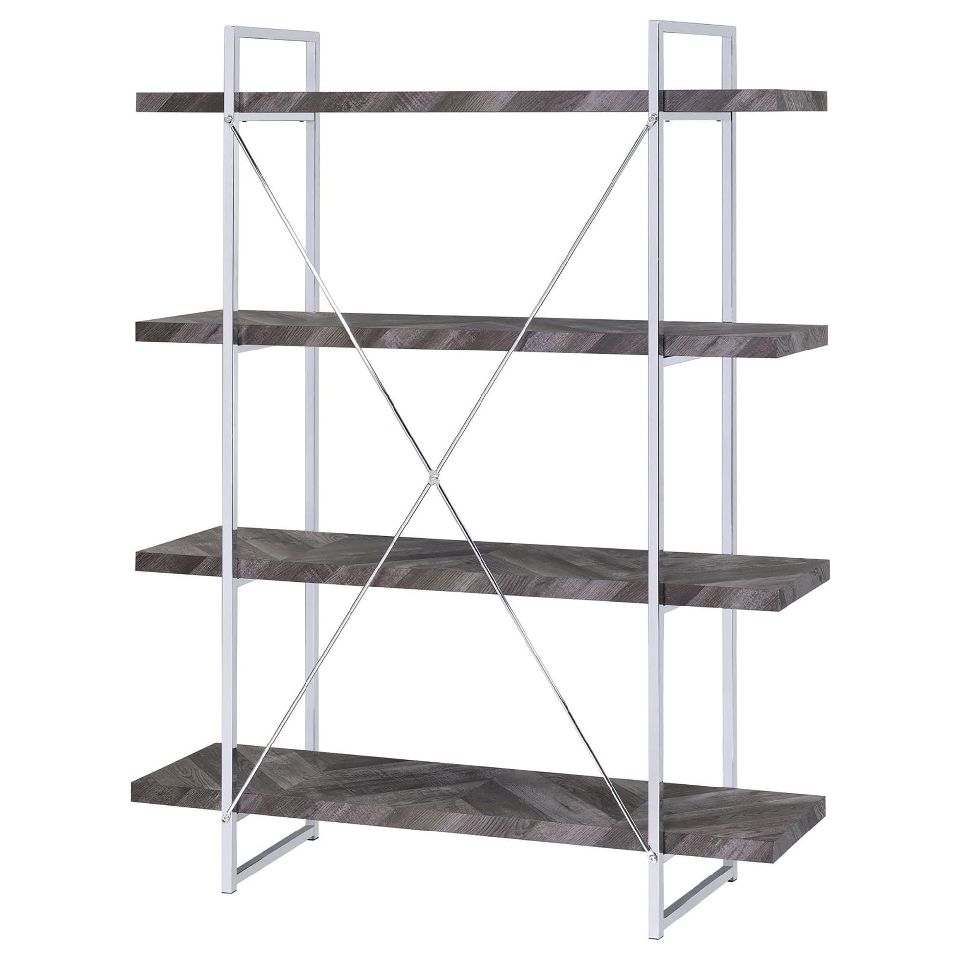 Rustic Grey Herringbone Bookcase With Full Length Shelf 4 Grey Gray Standard Horizontal Primary Living Space Open Back Wood Rustic Wood