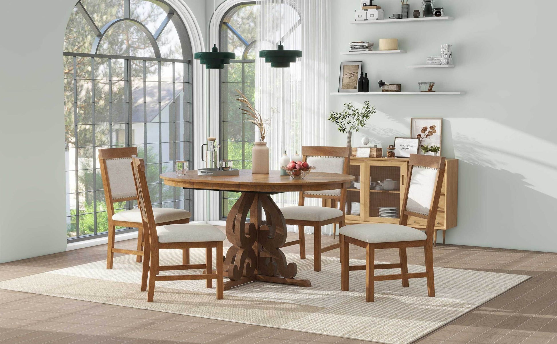 5 Piece Retro Functional Dining Set, 1 Extendable Table With A 16 Inch Leaf And 4 Upholstered Chairs For Dining Room And Kitchen Walnut Walnut Solid Wood